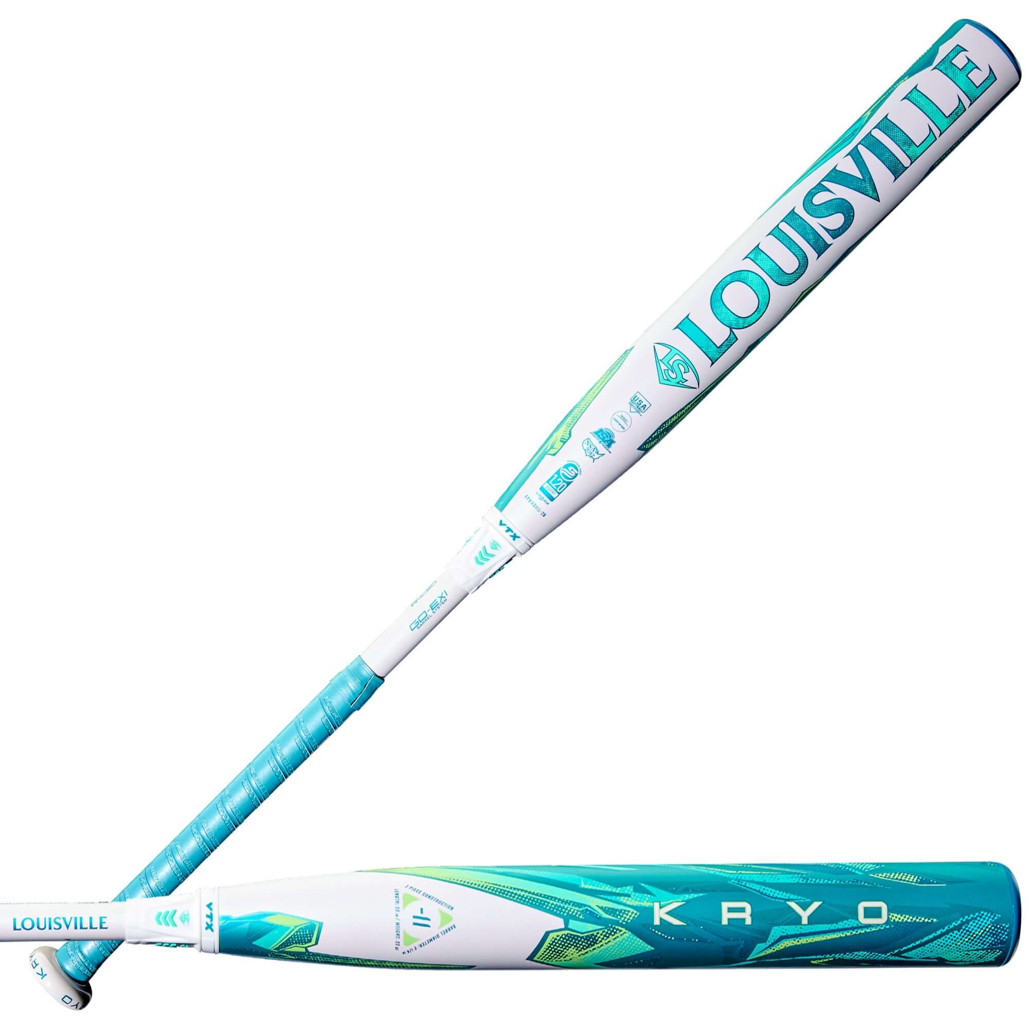 2026 Louisville Slugger Kryo (-11) fastpitch softball bat in teal and white design, engineered for elite slap hitters.