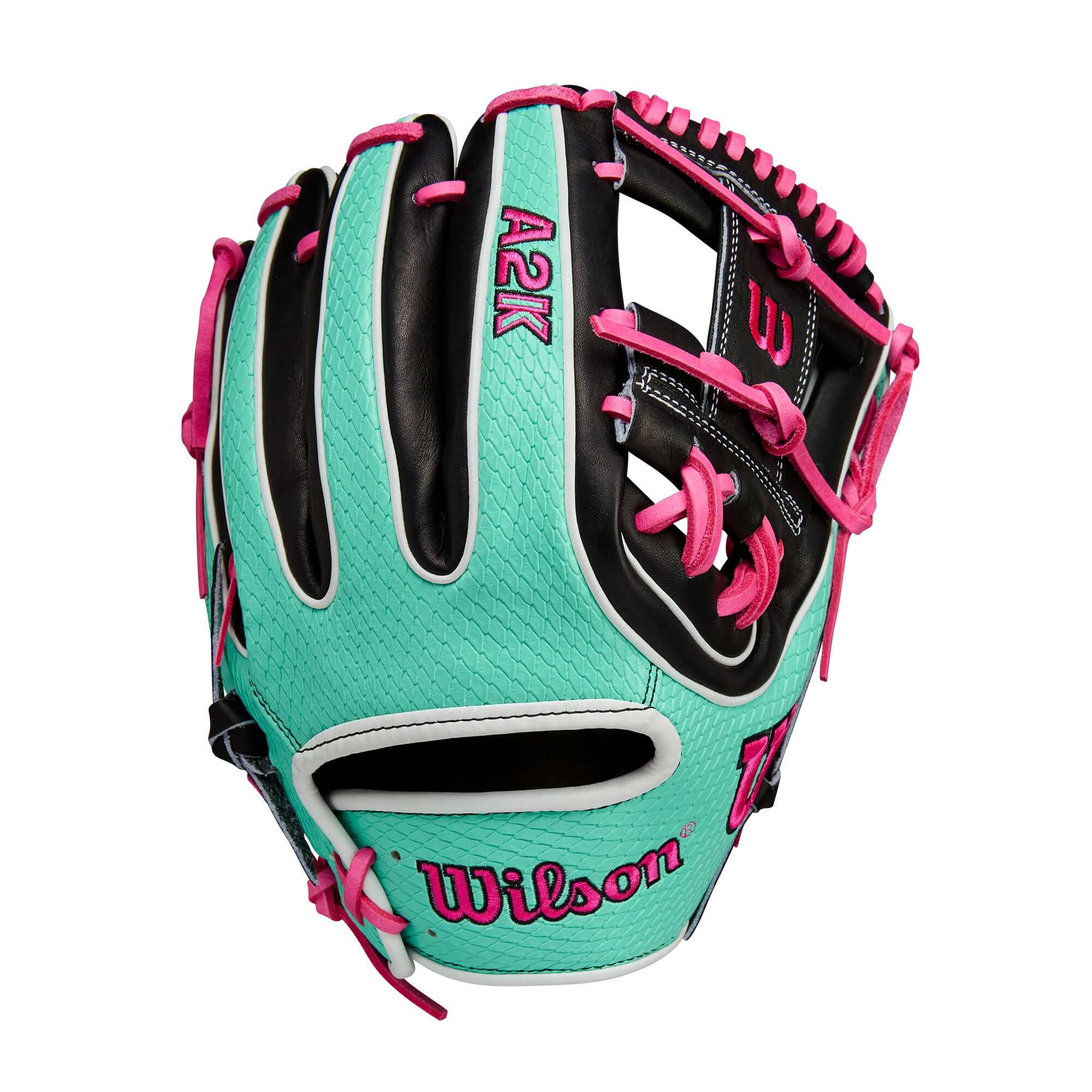 Wilson A2K 1720SS baseball glove in black, seafoam, and flamingo colors, perfect for infielders, 11.5 inches.