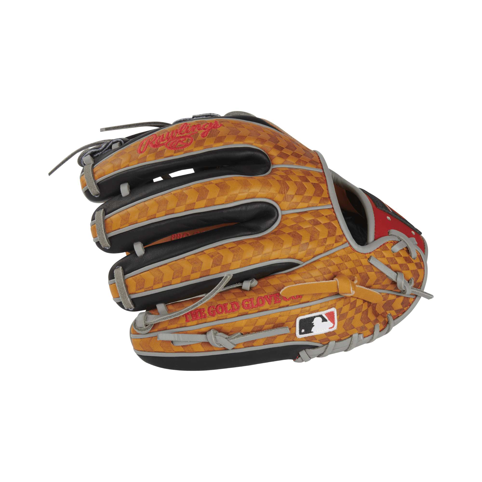Rawlings Heart of the Hide Color Sync 8.0 baseball glove in tan, black, and red showcasing unique leather pattern.