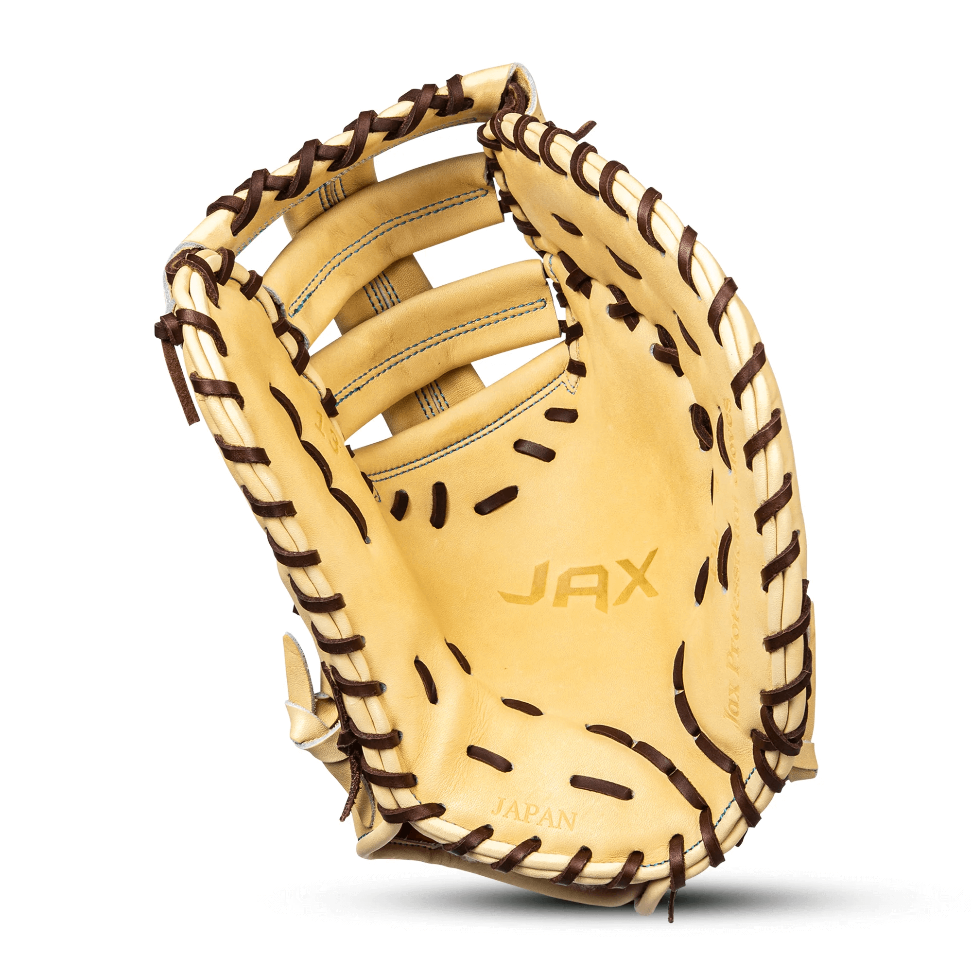 Jax PL-4 First Base Mitt palm view showing deep pocket and red palm liner.