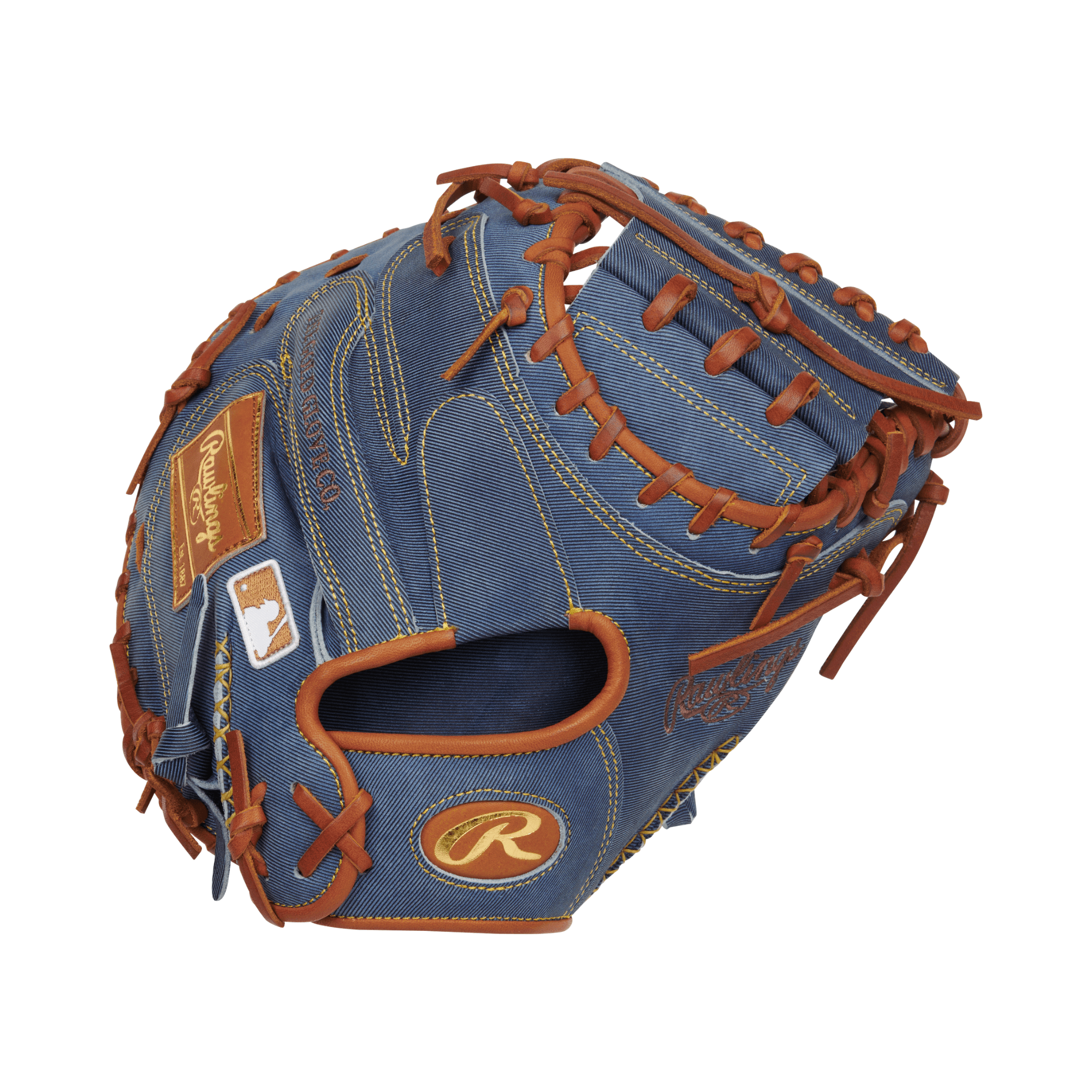 Rawlings Heart of the Hide Pro Label Catchers Mitt in denim style, featuring rich brown stitching and durable craftsmanship.