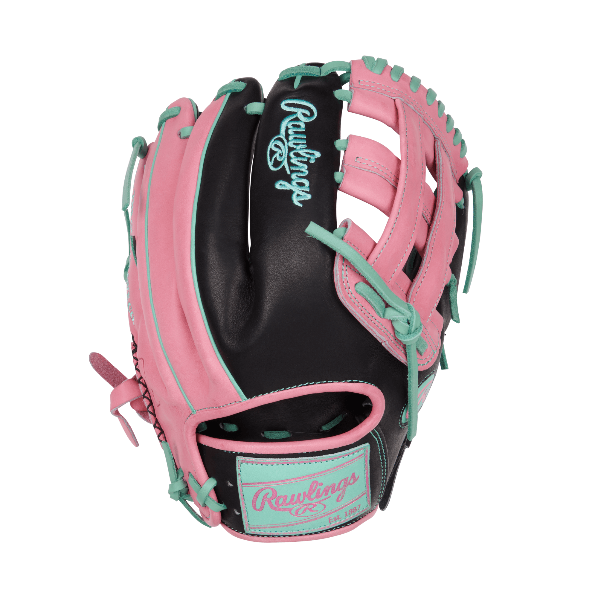 Back view of the Rawlings ColorSync 9.0 glove featuring conventional back and shiny pink foil stamping for a unique look.