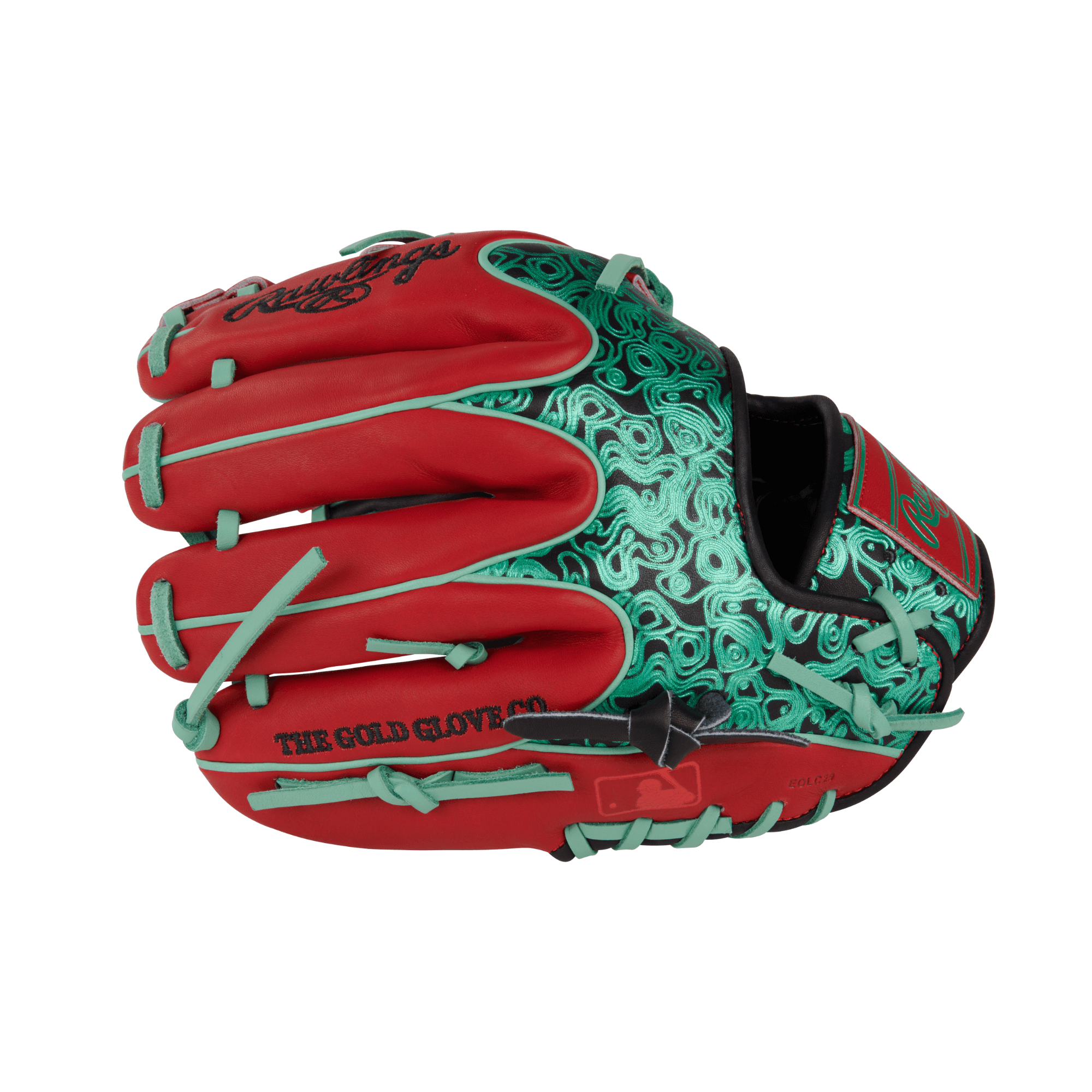 Close-up of the left side and thumb displaying the combination of mint, black, and red accents with a stylish Rawlings patch.