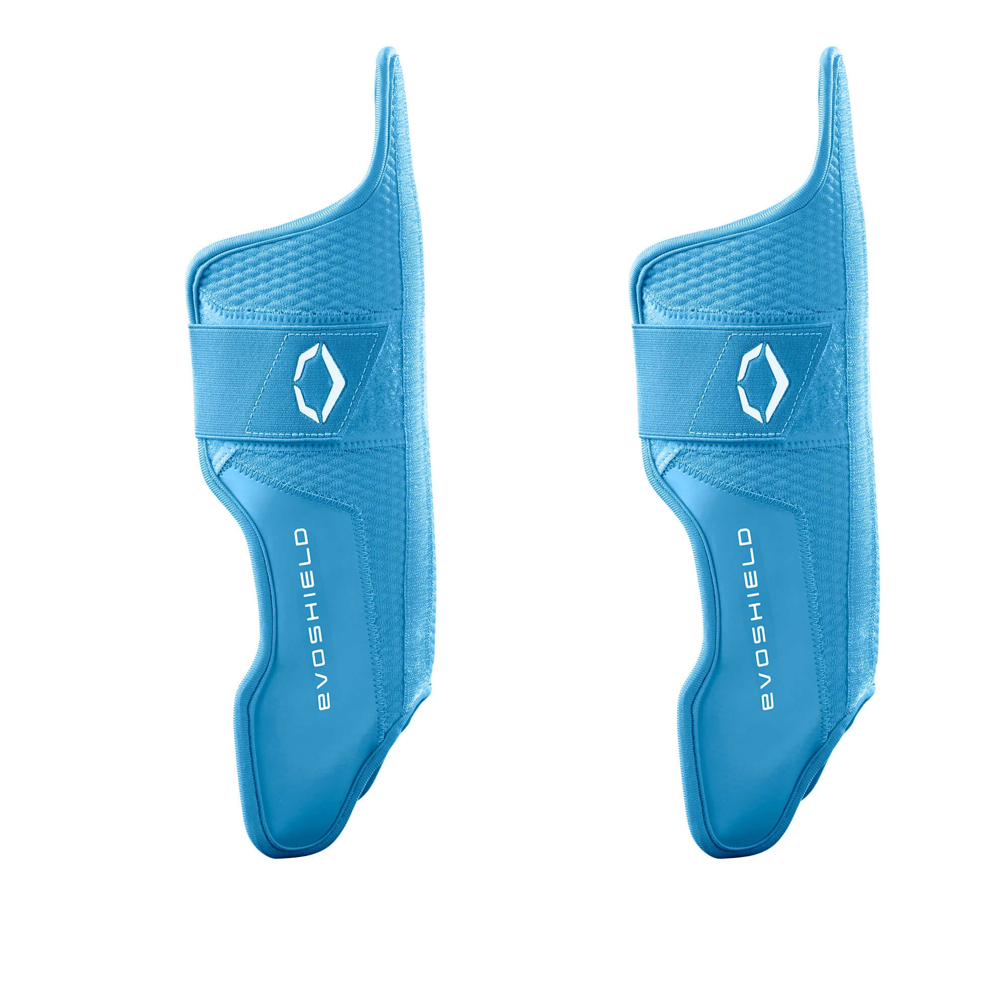 Evoshield Pro-SRZ 2.0 Catcher's Lower Leg Guards in blue color, showcasing Gel-to-Shell technology for ultimate protection.