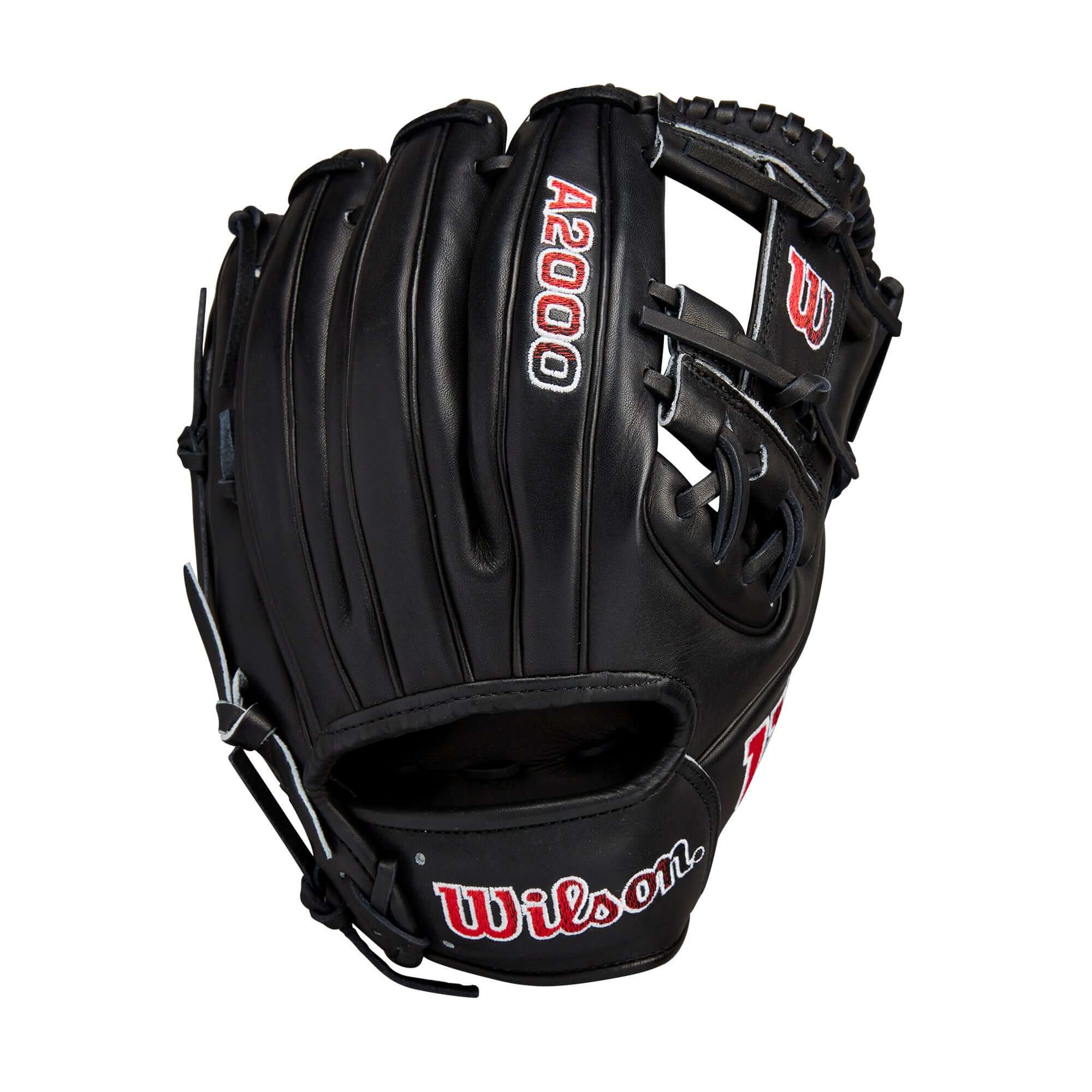 Wilson A2000 1786 glove in black leather with red accents, designed by Matt McLain, 11.5" H-Web model.
