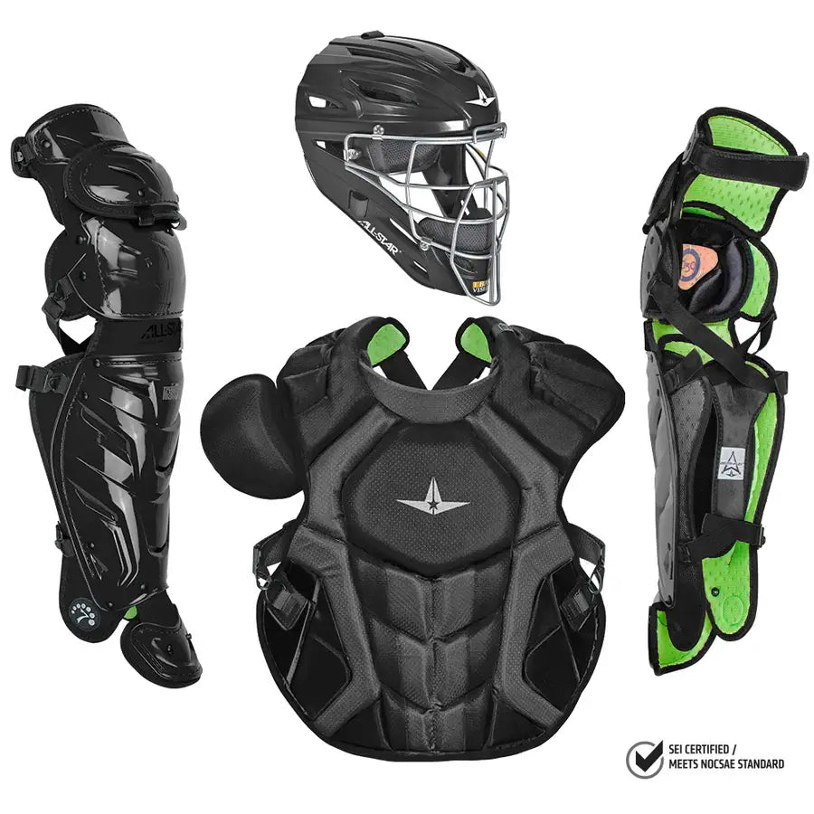 All-Star S7 Axis Kit: Adult catching kit with mask, chest protector, and leg guards in solid colors, meets NOCSAE standards.
