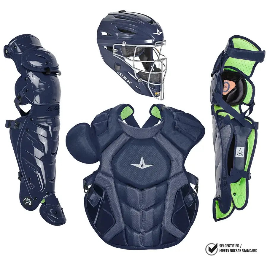 All-Star S7 Axis Kit: Adult catching kit with mask, chest protector, and leg guards in solid colors, meets NOCSAE standards.