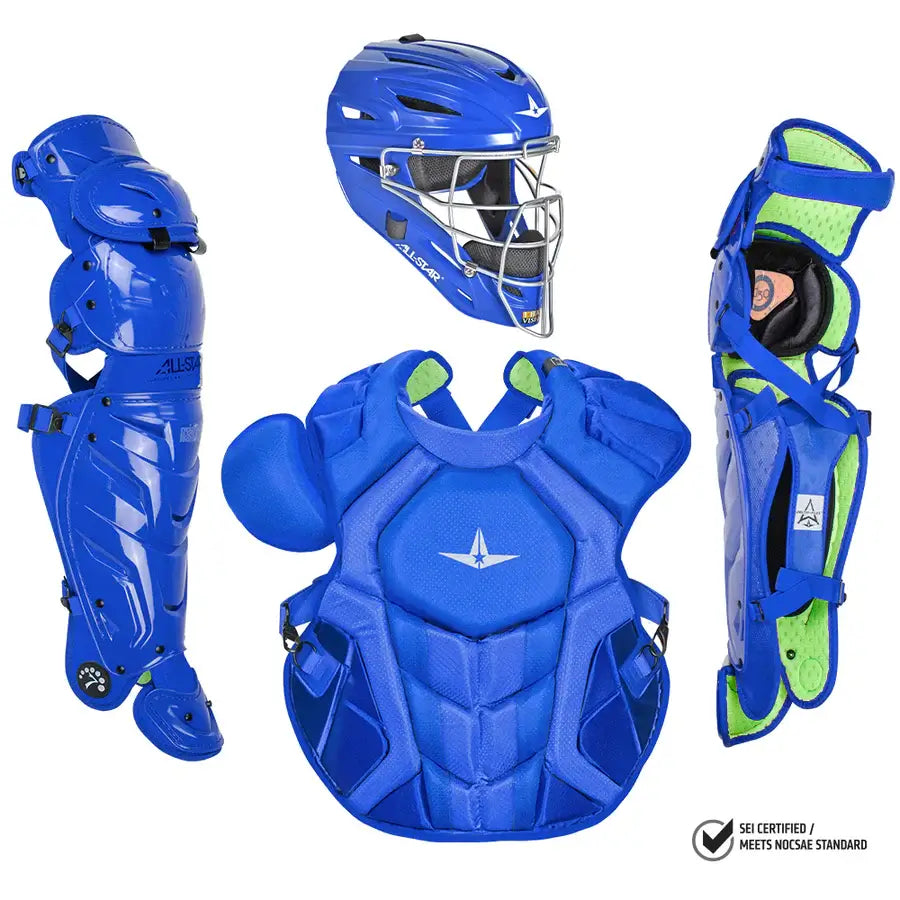 All-Star S7 Axis Kit: Adult catching kit with mask, chest protector, and leg guards in solid colors, meets NOCSAE standards.