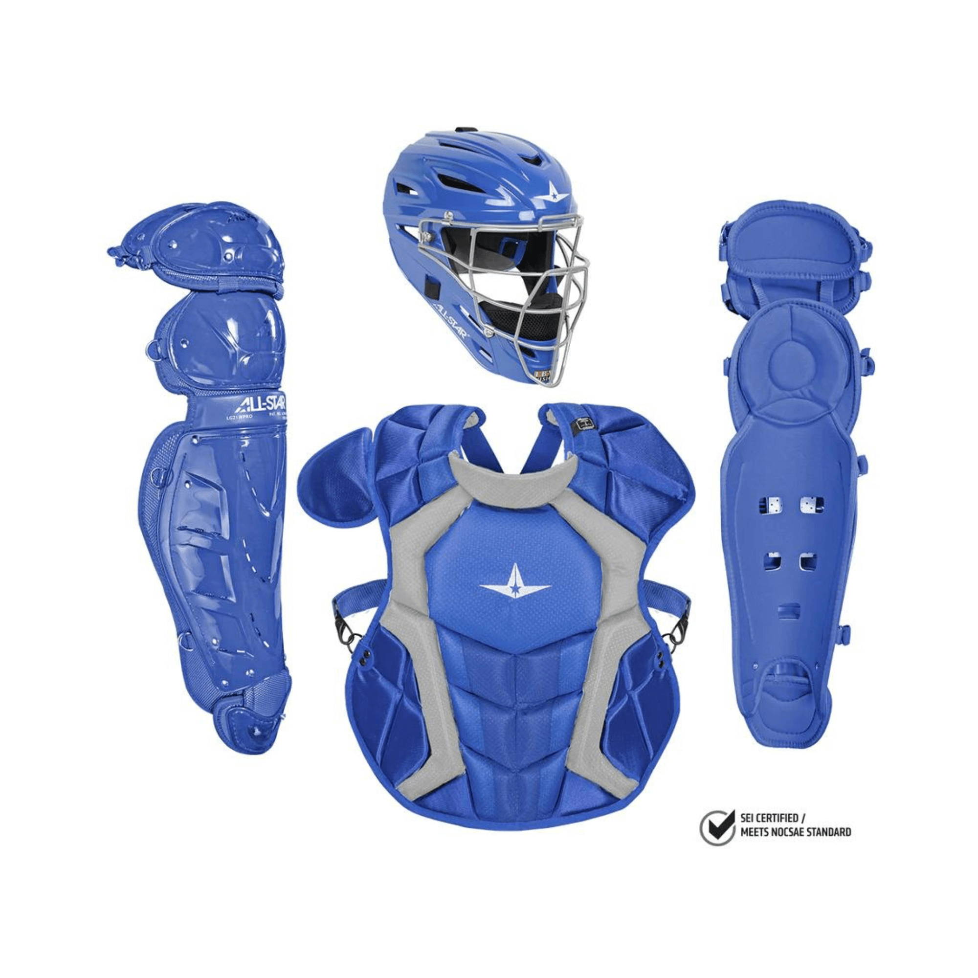 All-Star Classic Pro Catcher's Kit in blue, including helmet, chest protector, and leg guards, SEI certified to NOCSAE standard.