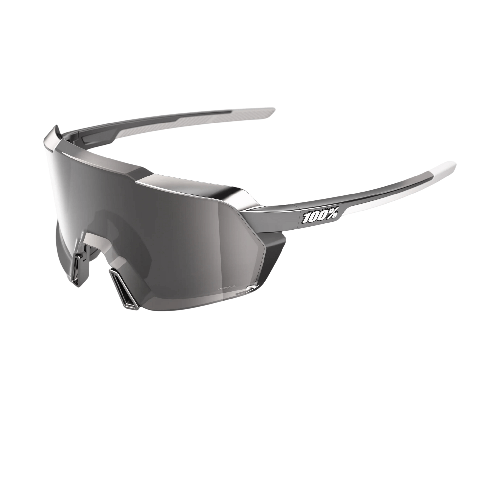 100% Korbin Gloss Black Chrome sunglasses with HiPER Silver mirror lens for sport performance and optical clarity.