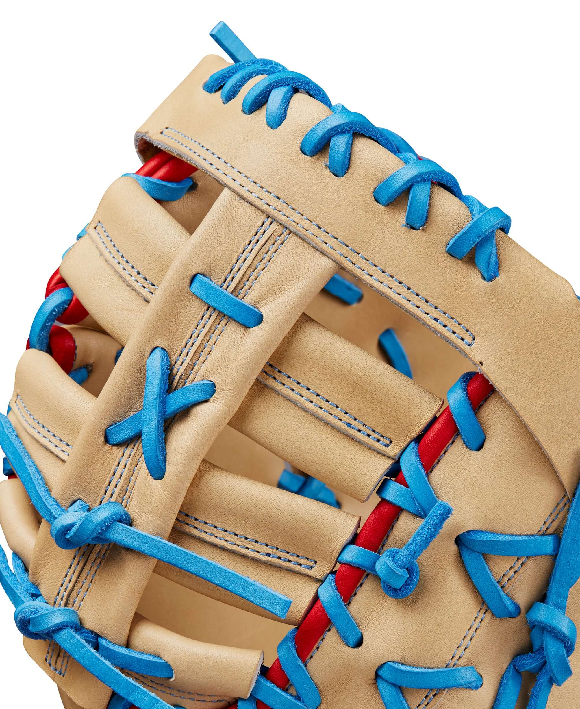 Close-up of the Wilson A2000 1677 baseball first base mitt featuring blonde leather and blue lacing details.