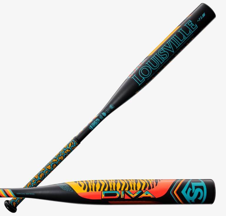 Side profile view of Louisville Slugger FP DIVA (-11.5) bat with colorful graphics and visible branding.