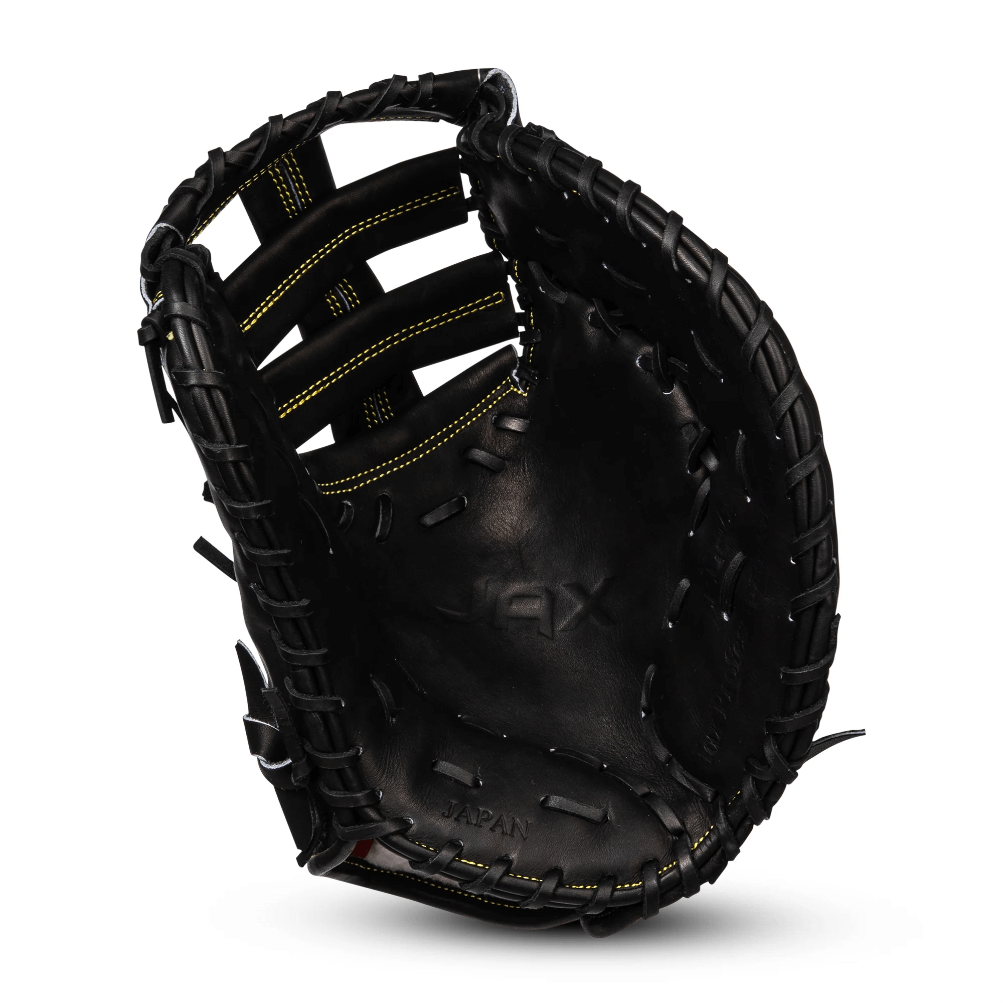 Jax PL-4 First Base Mitt LHT palm view with red palm liner and deep pocket.