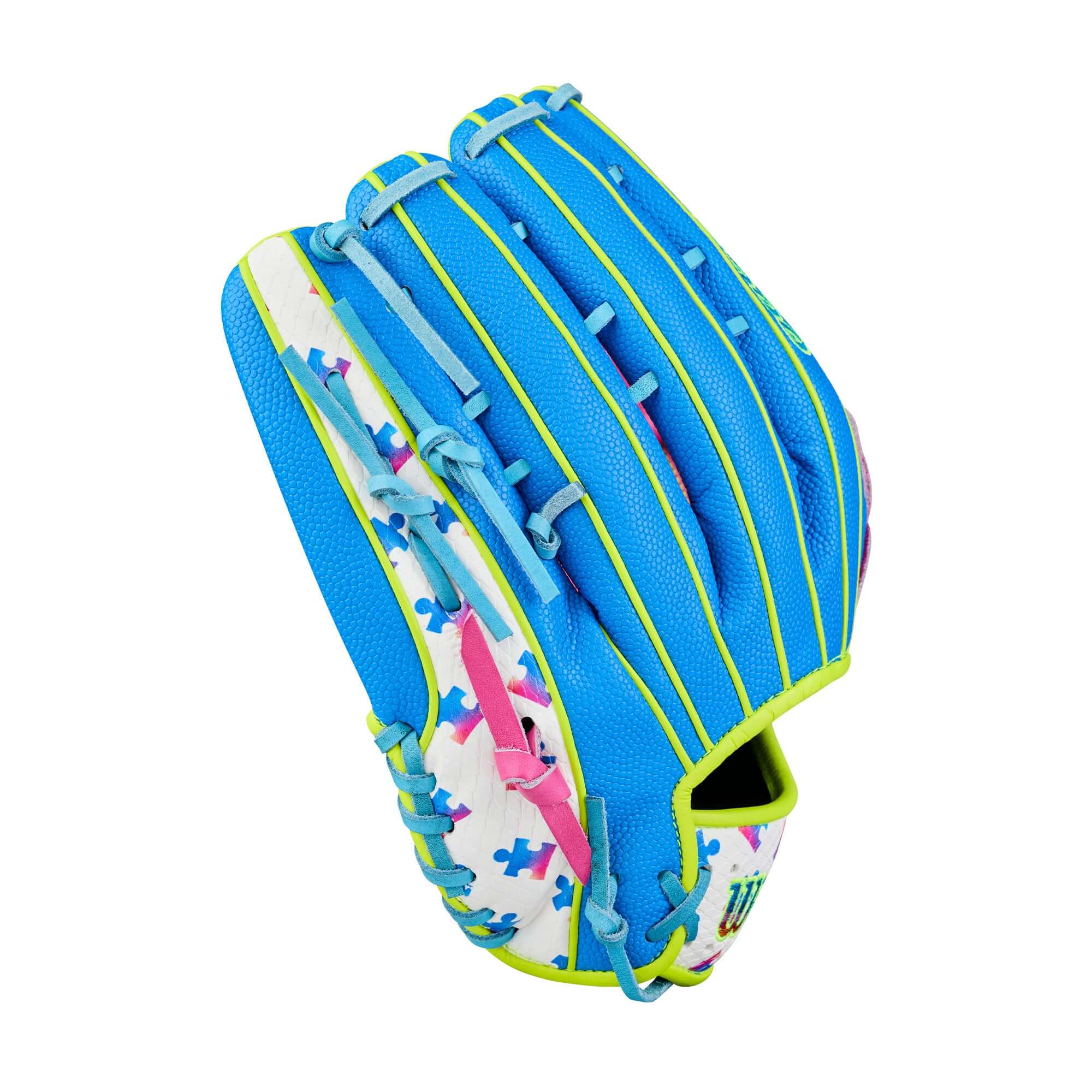 Wilson 2026 Love the Moment A2000 1777 12.75” Outfield Baseball Glove backhand view, blue with puzzle pattern