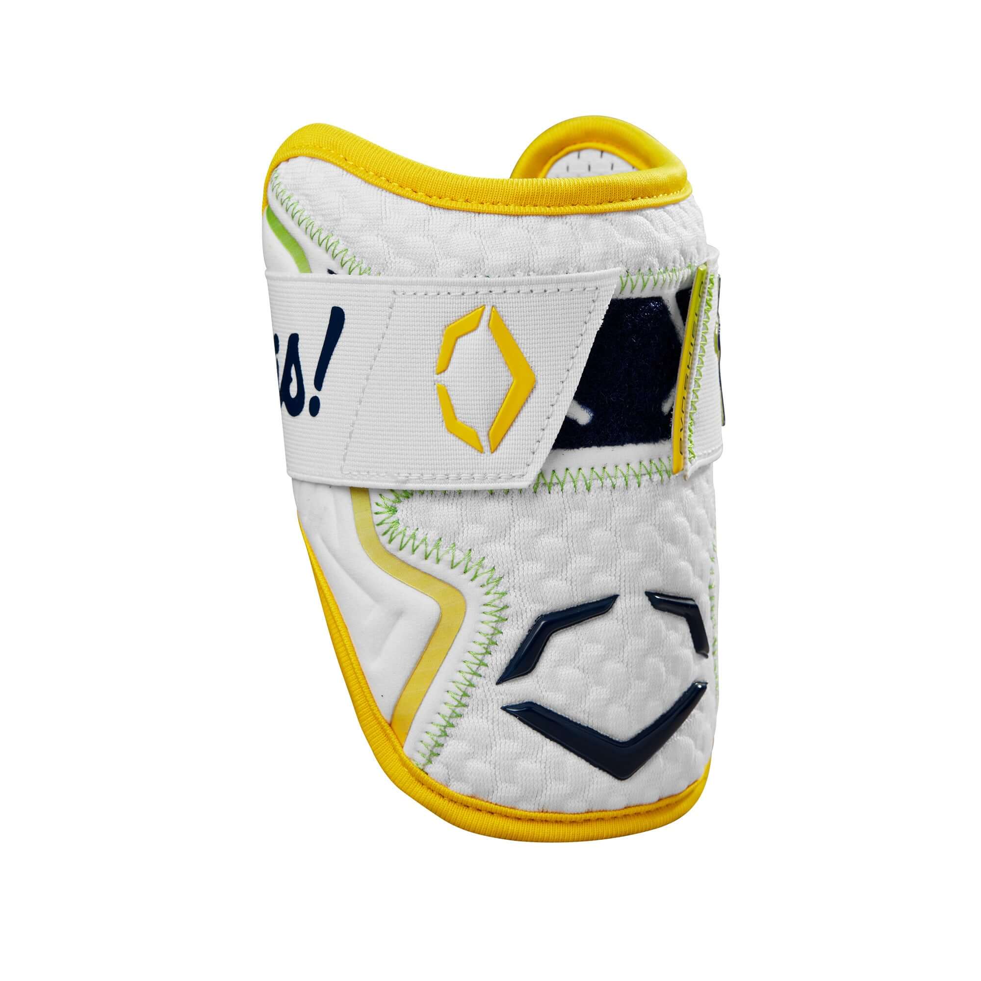 Evoshield X-SRZ Savannah Bananas Elbow Guard in white and yellow, featuring Gel-to-Shell technology and Navy Blue logo.