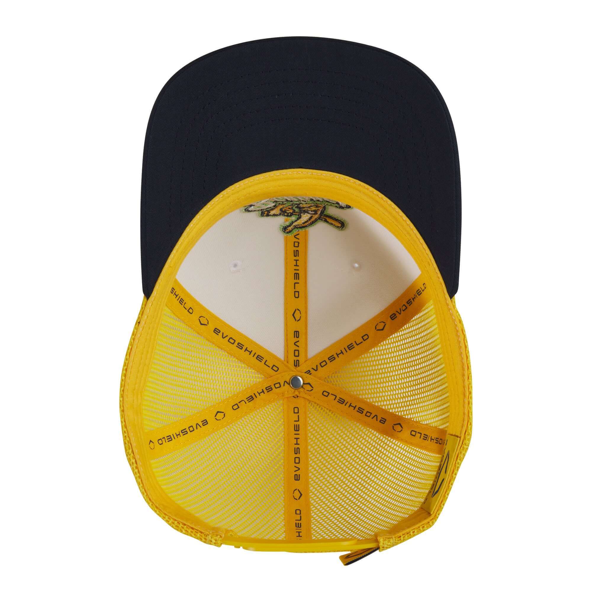 top view of Evoshield Bananas 112 Trucker Snapback Tricolor showcasing its stylish design and durable mesh material.