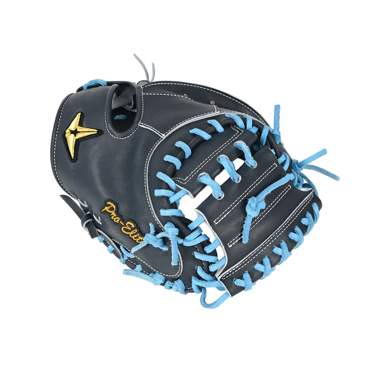 All-Star Pro-Elite Japan 34" Catchers Mitt Open Back Navy/Sky Blue; backhand view with sky blue lacing and gold logo.