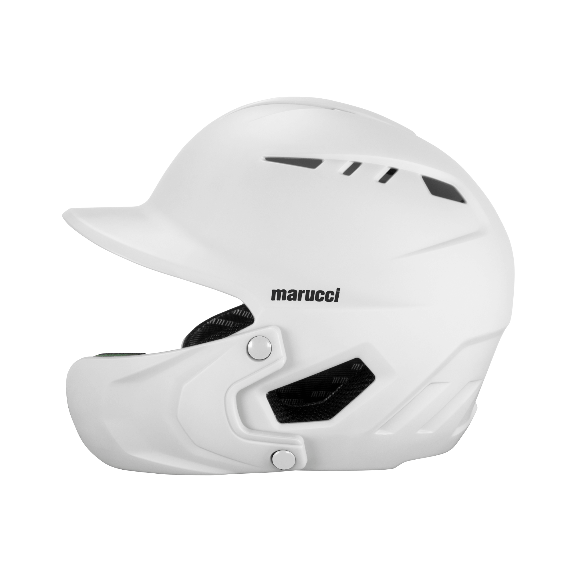 Marucci Duravent batting helmet in white with jaw guard, featuring ventilation ports for airflow and impact protection.