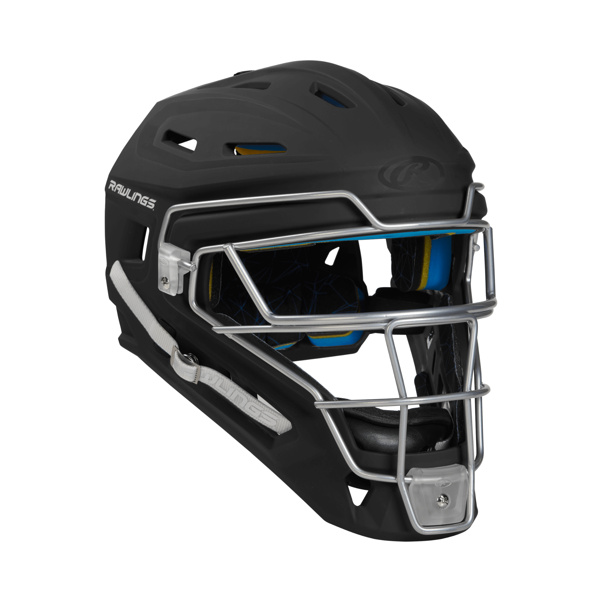 Rawlings Mach hockey-style catcher's helmet featuring IMPAX padding for comfort and protection on the field.