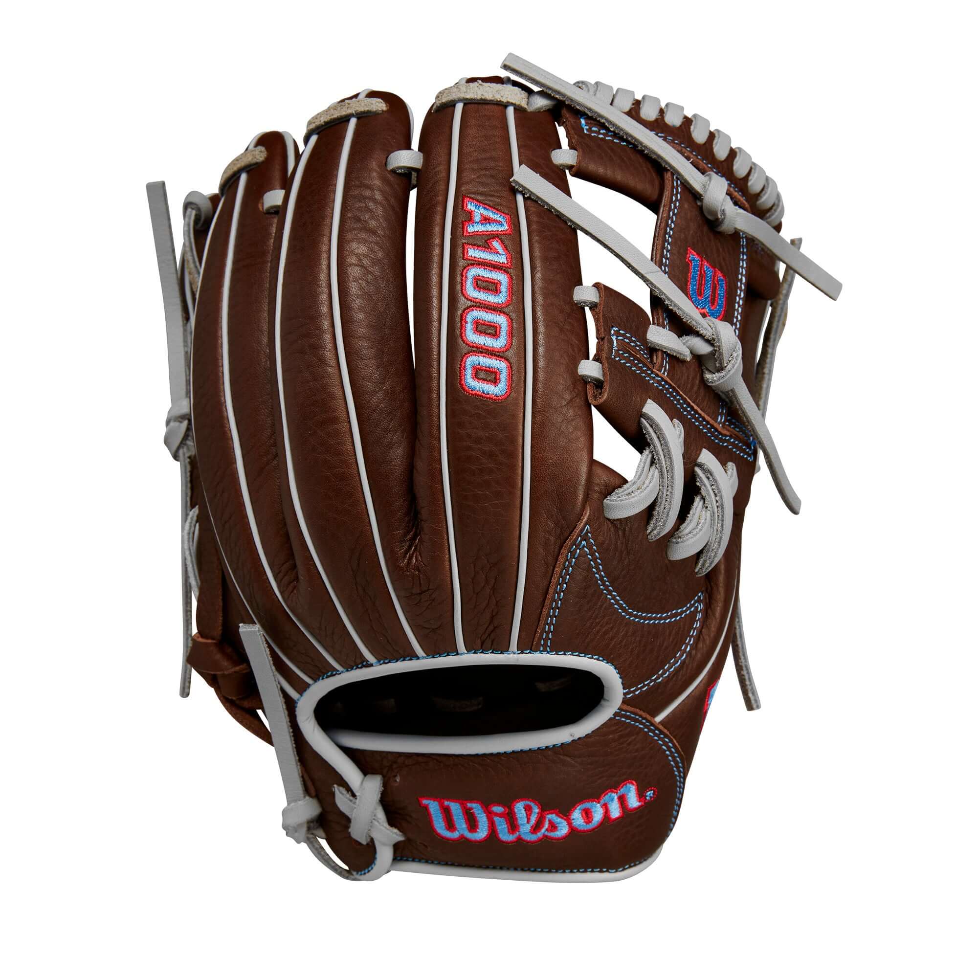 Wilson 2024 A1000 1787 infield baseball glove in dark brown with red and blue accents, 11.75" size.