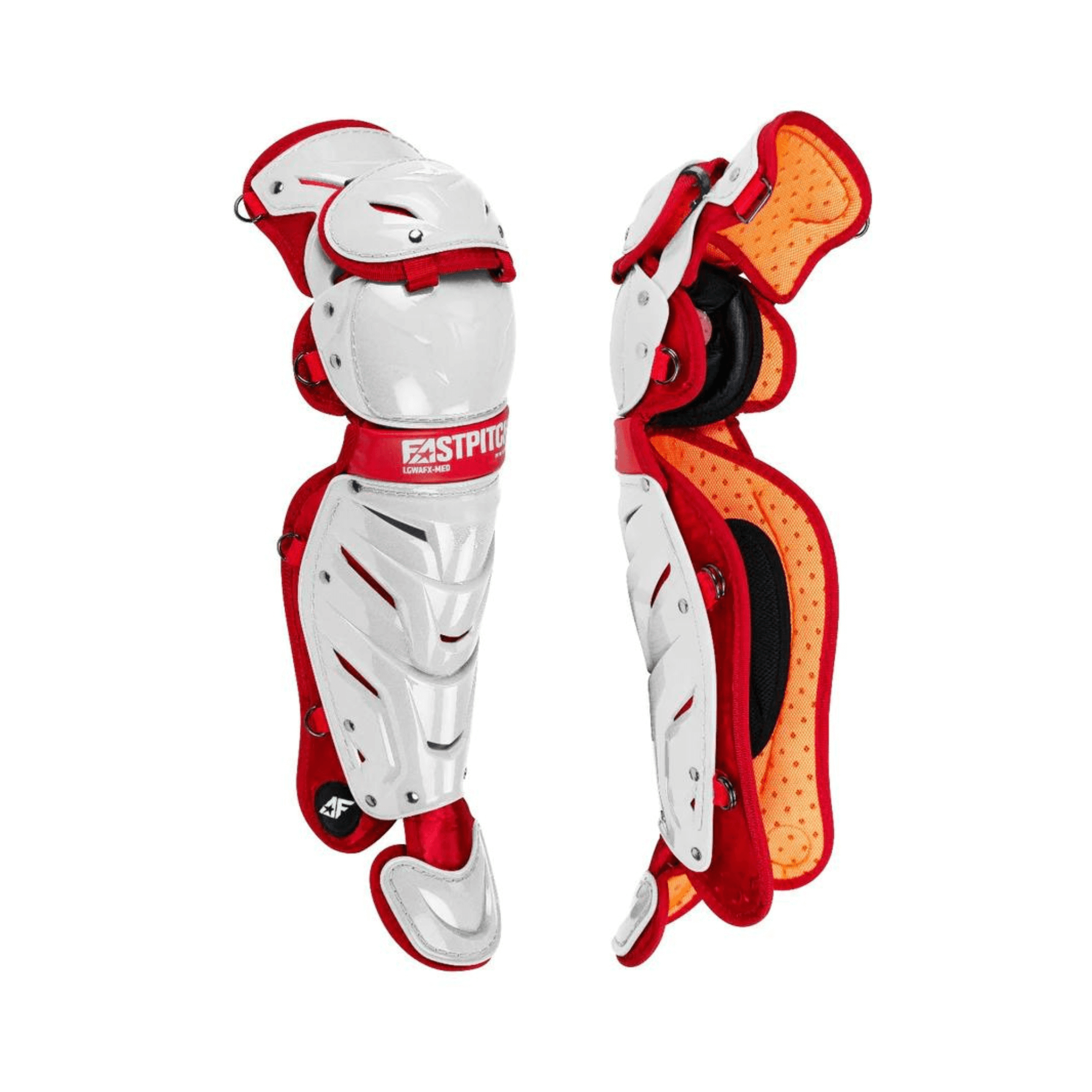 All-Star AFx Fastpitch leg guards in white and red, featuring D3O knee pads and LINQ hinge system for female catchers.