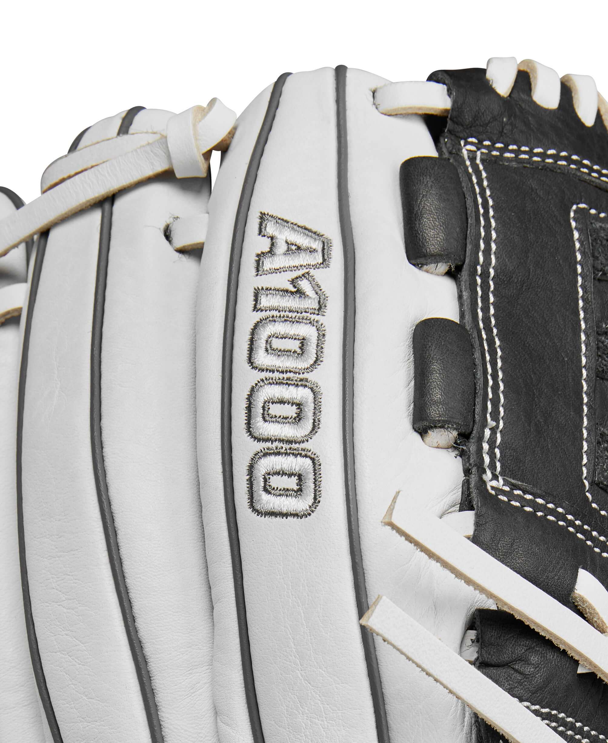 Close-up of Wilson A1000 P12 pitcher's glove featuring grey and white leather design and A1000 logo.