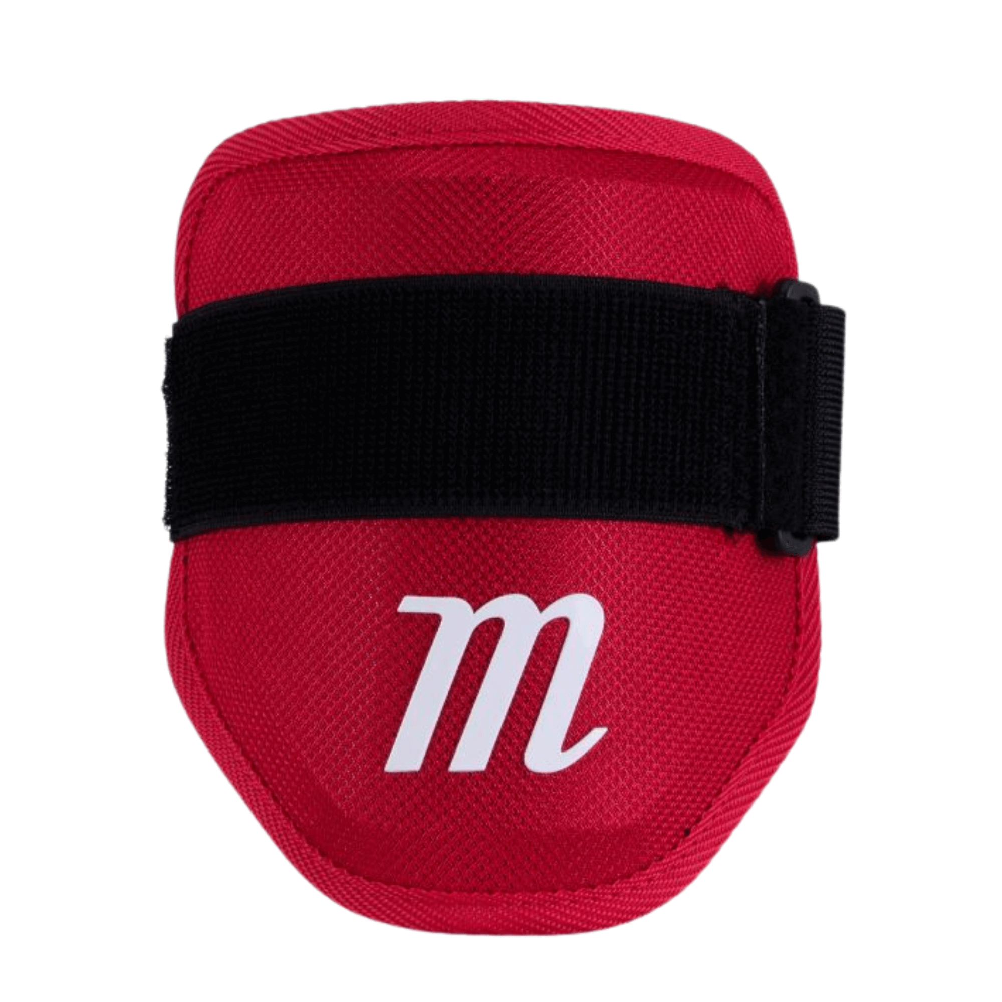 Marucci youth elbow guard in red with adjustable strap for protection and comfort during play.