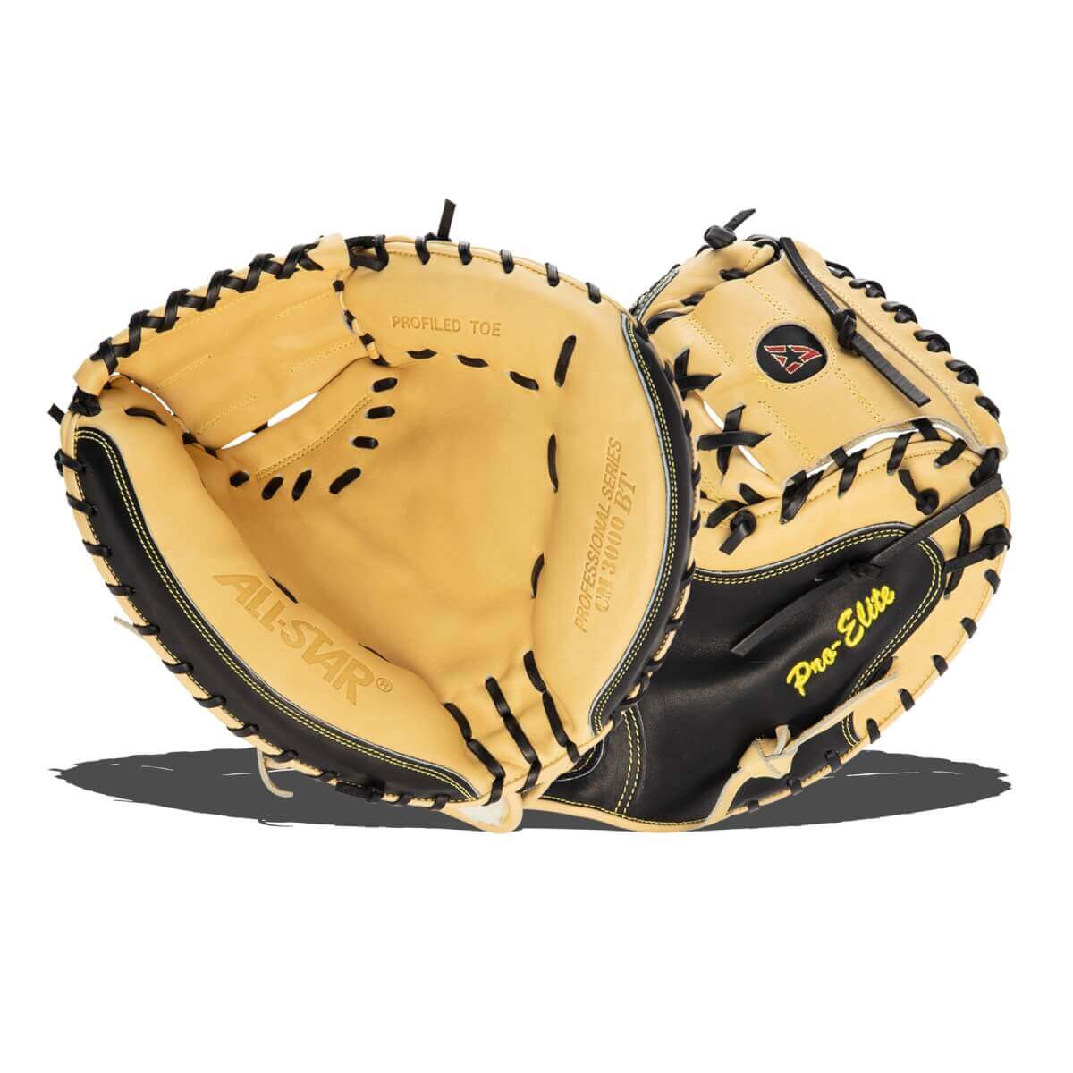 All-Star Pro-Elite Catcher's Mitt in black and tan with soft leather pocket and adjustable fit, ideal for baseball players.