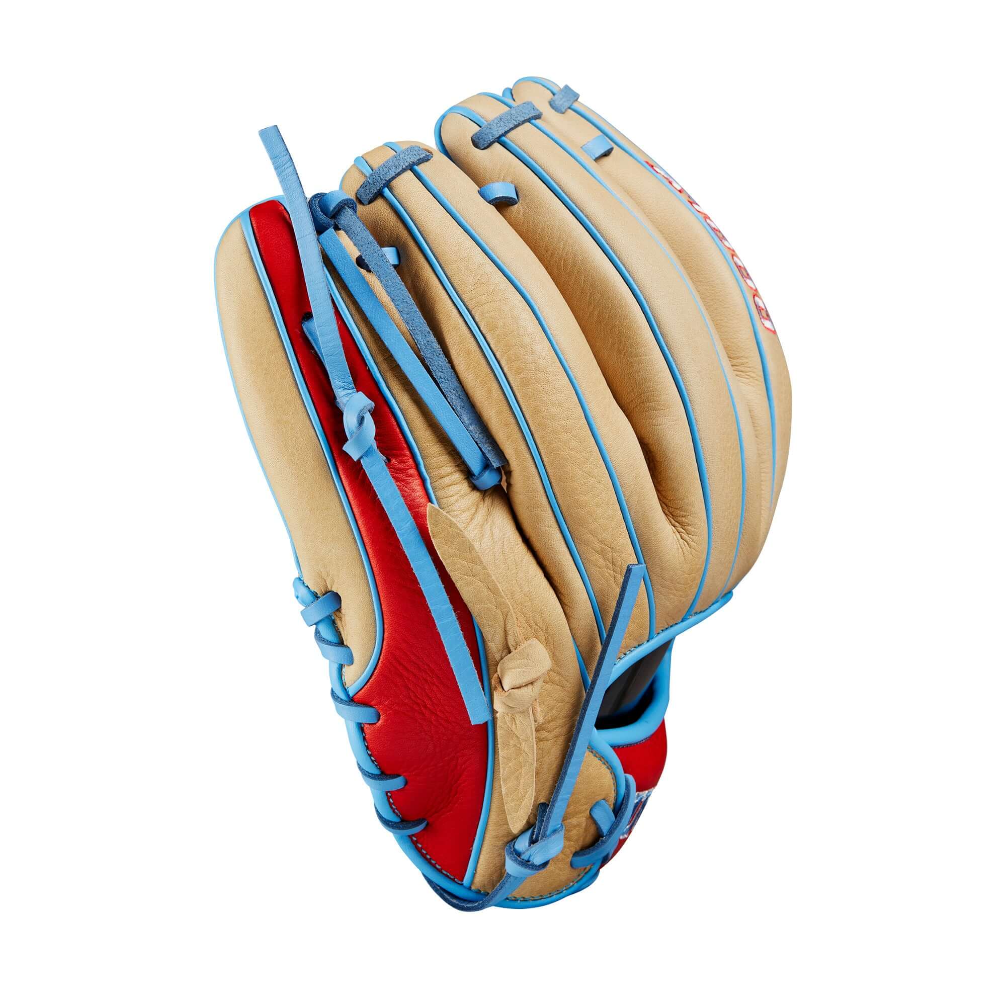 Wilson 2024 A1000 1786 infield baseball glove in blonde, red, and blue with H-Web design and shallow pocket.