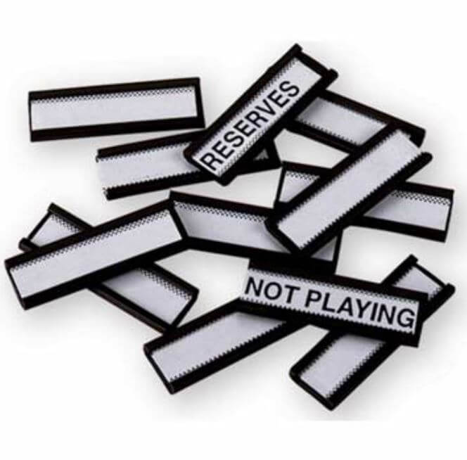 Markwort Magnetic Tabs Set of 15 featuring Player ID labels like "Reserves" and "Not Playing" for easy team management.