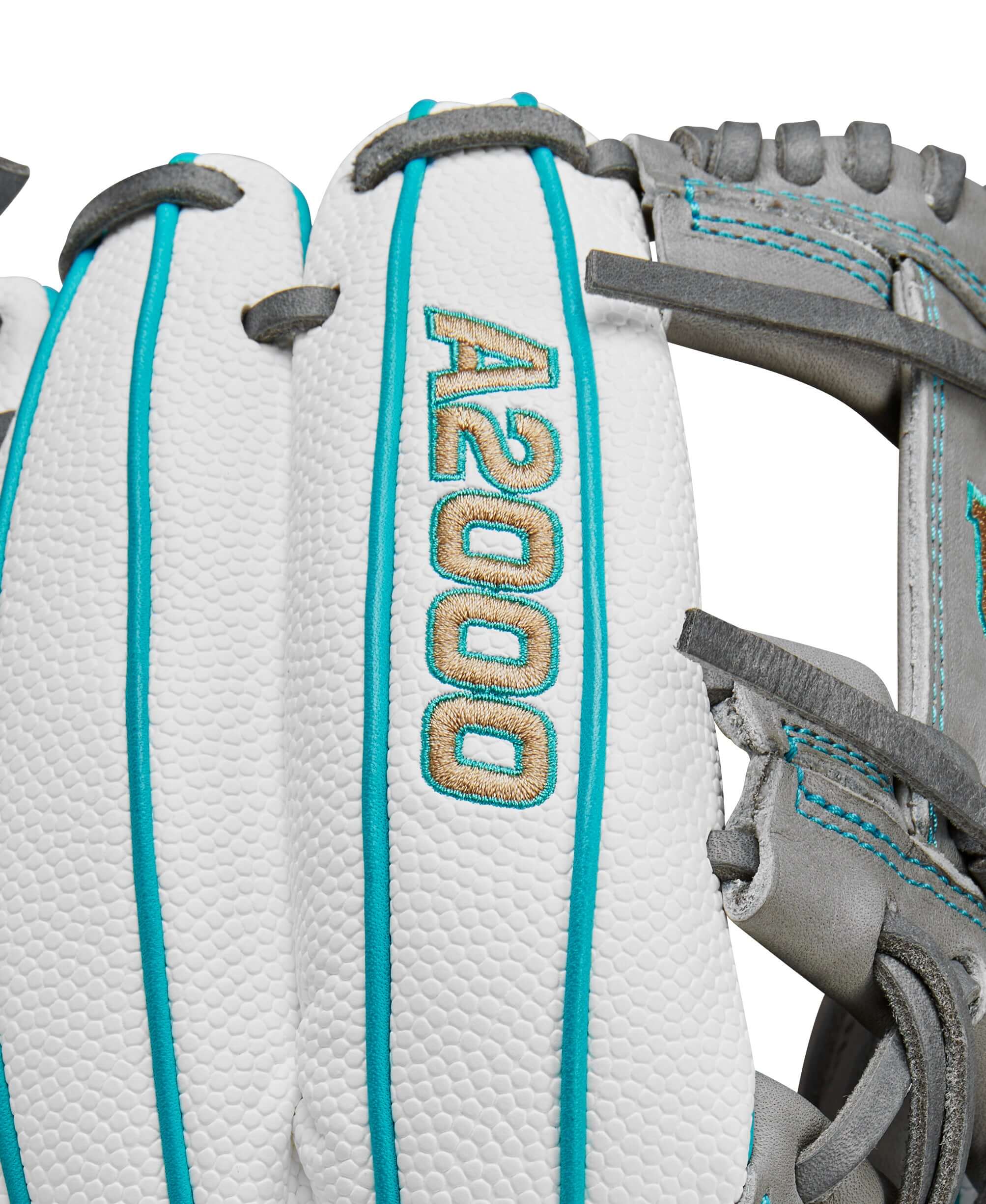 A close-up of the Wilson A2000FP glove featuring white leather with teal accents and the A2000 logo.