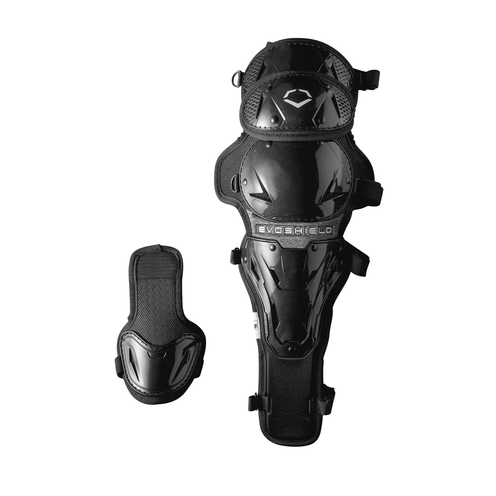 Evoshield Pro-SRZ Adult Catcher's Upper Leg Guards in black with detachable lower guard for customizable fit.
