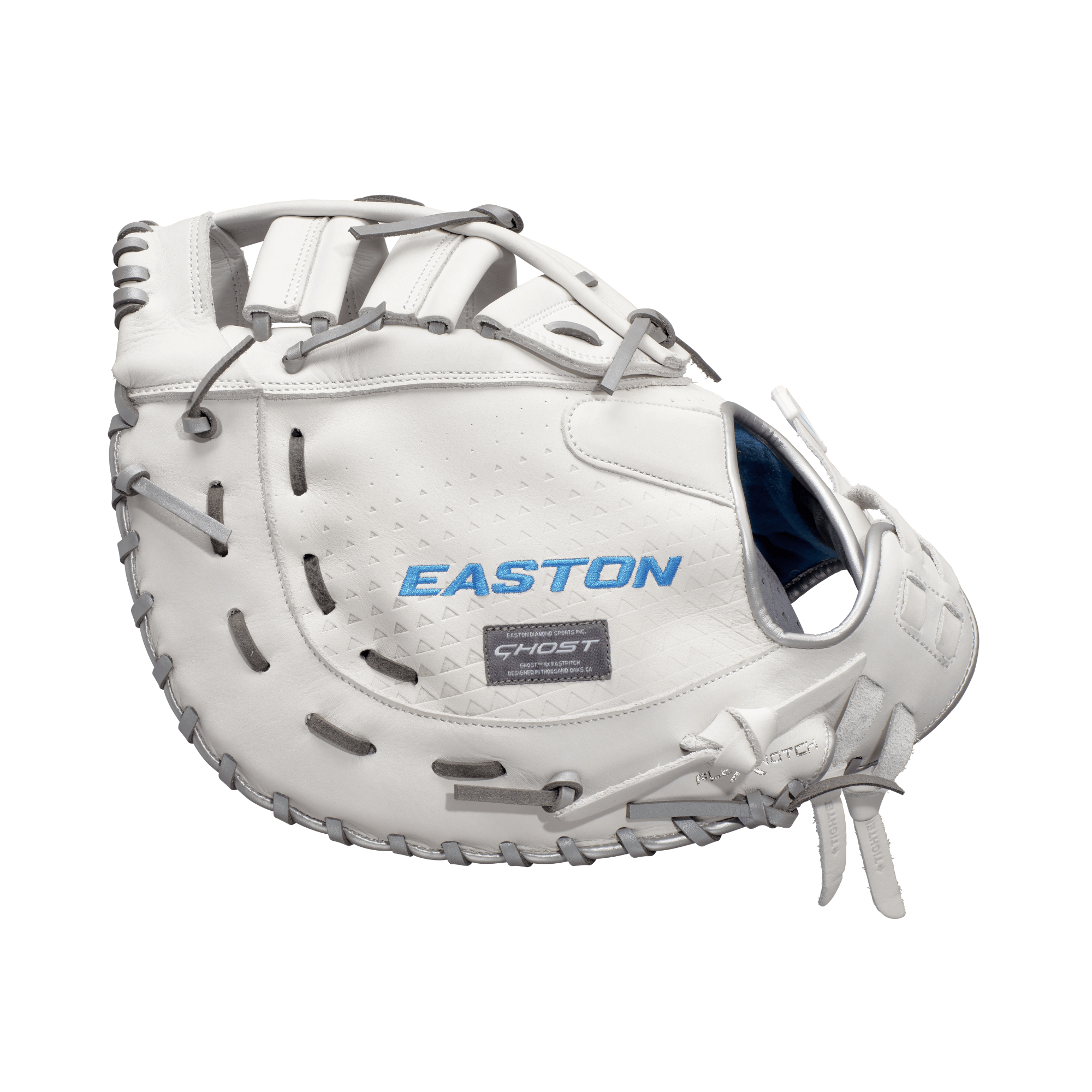 Easton Ghost NX 13" first base mitt softball glove in white, featuring Diamond Pro leather and Flex Notch closure.