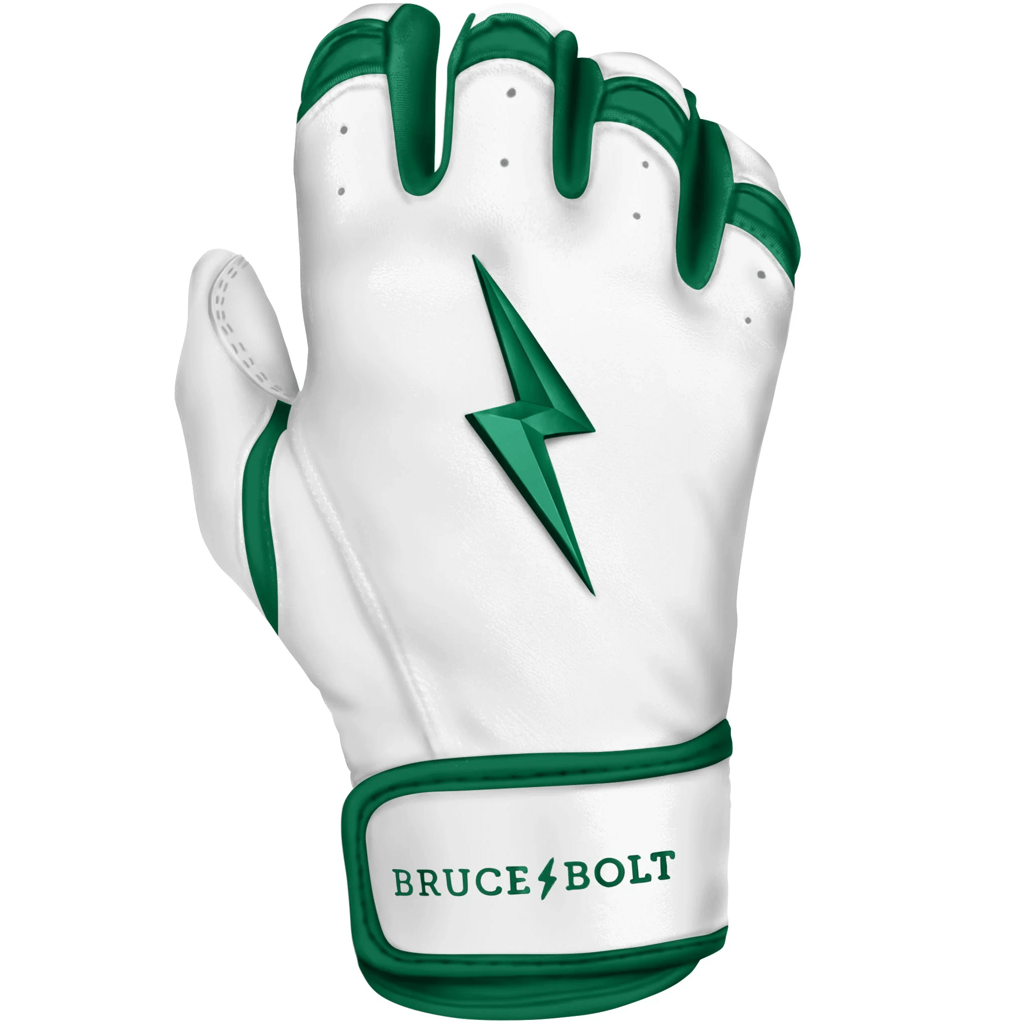 Bruce Bolt Premium Pro Chrome Short Cuff Batting Gloves in Green with white palm and lightning bolt design.
