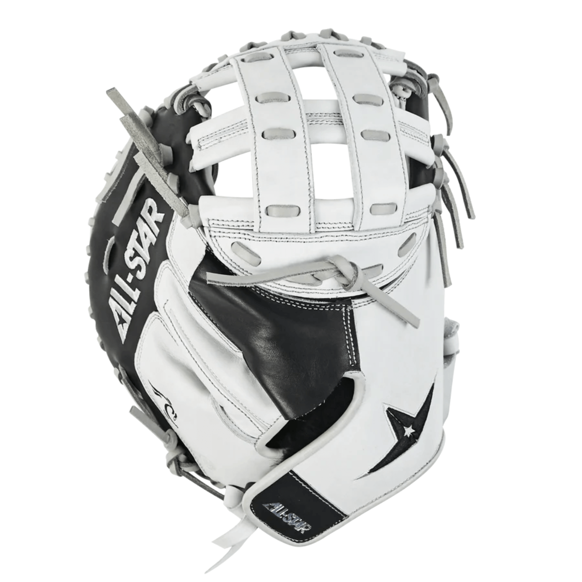 All-Star PHX Fastpitch Catcher's Mitt in white and black featuring adjustable pocket system and premium leather design.