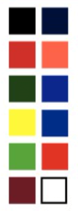 Color palette featuring black, navy, red, coral, green, yellow, royal blue, maroon, and white squares.