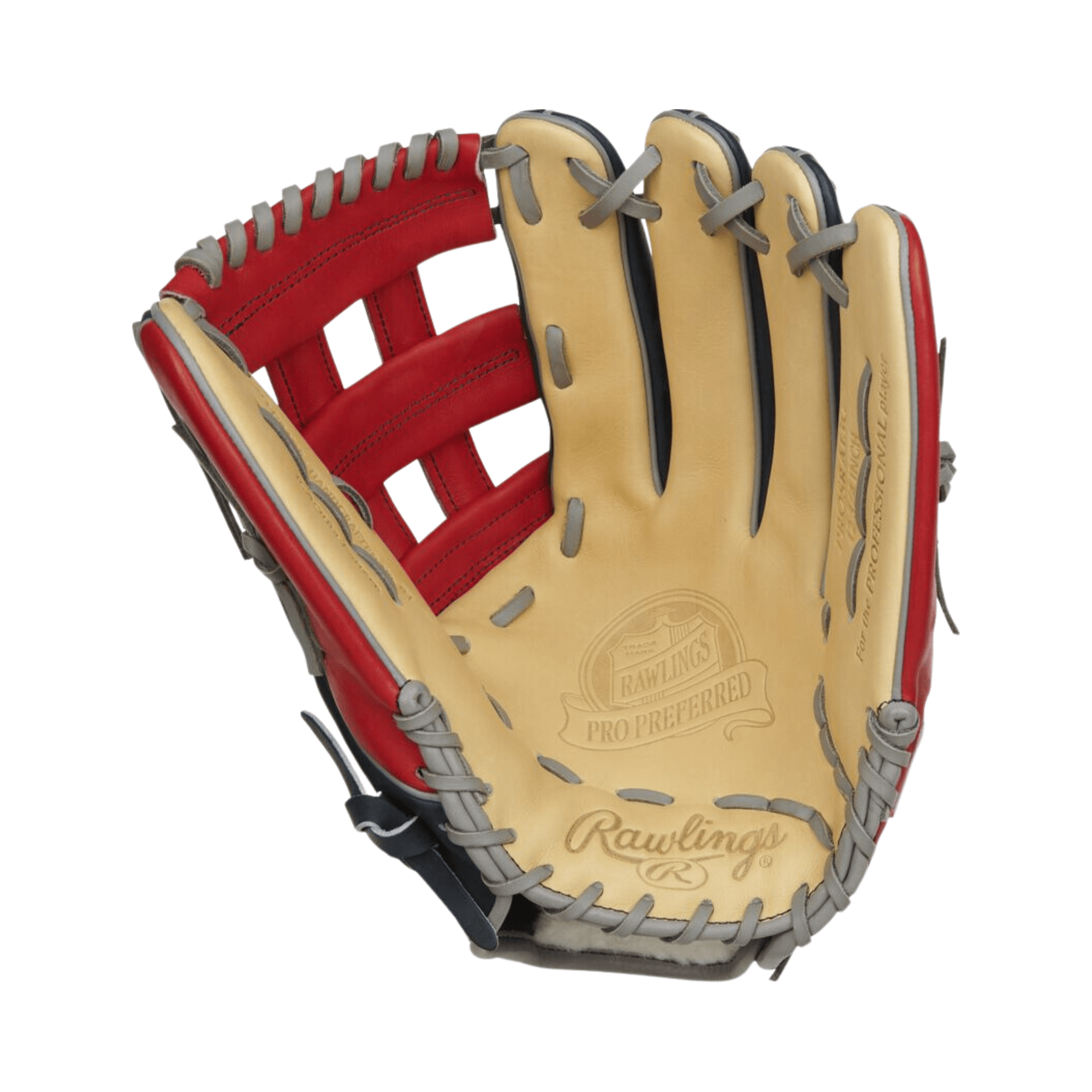 Rawlings Pro Preferred Series baseball glove in red and black, 12.75-inch R. Acuna gameday pattern.