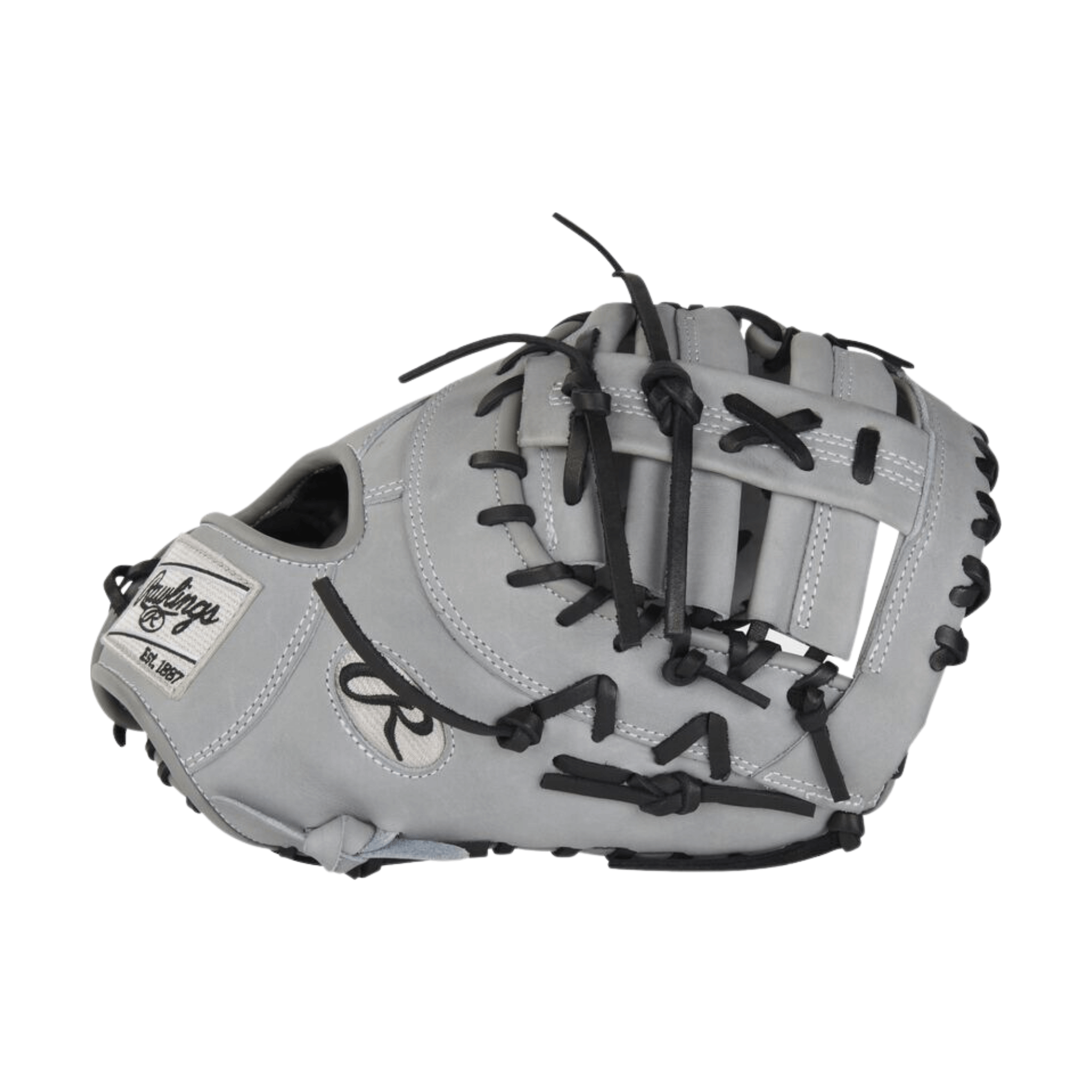 Rawlings Heart Of The Hide Contour Technology first base mitt, 12.25 inches, gray leather with black laces, side view.
