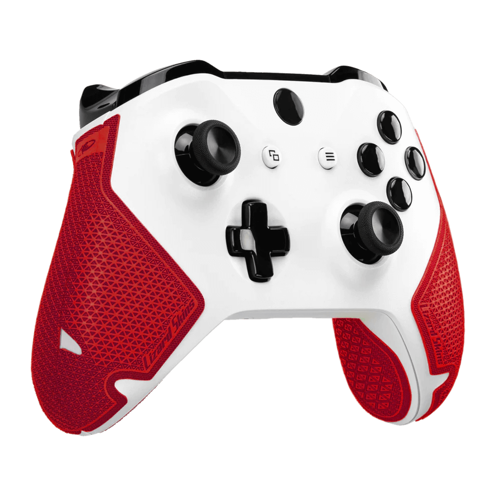 Lizard Skins DSP Controller Grip in crimson red on an Xbox One controller, showcasing multi-textured slip-resistant design.