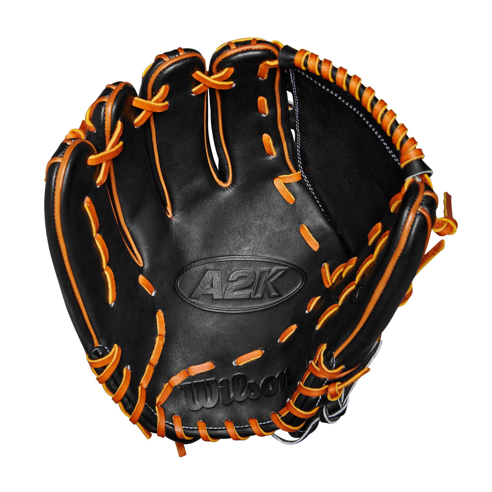 Wilson 2024 A2K B23 12" Pitcher's Baseball Glove in black and orange with modified wrist strap design.