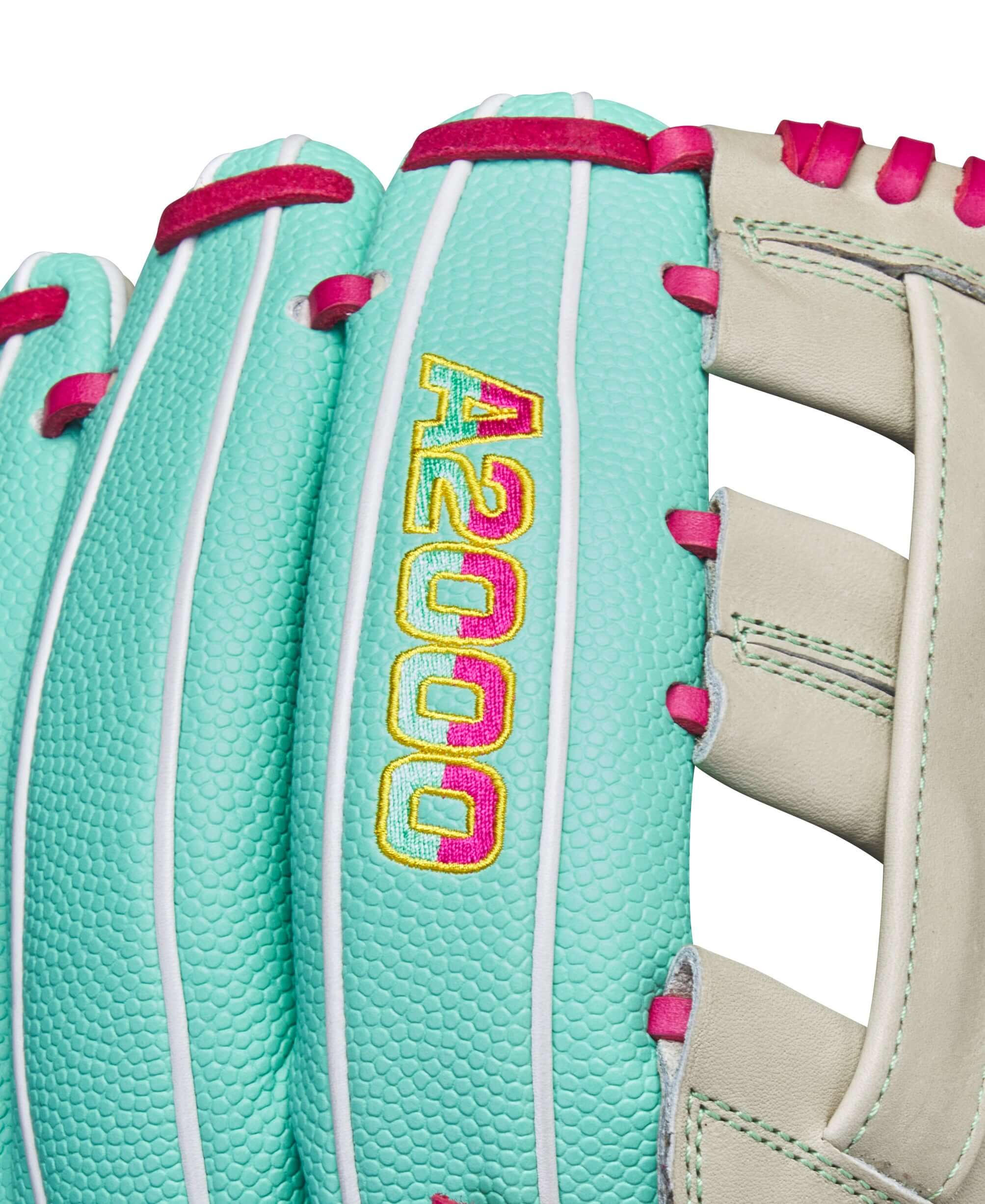 Wilson A2000 Glove of the Month September 2023 featuring vibrant aqua and pink color design, showcasing Pro Stock® Leather.