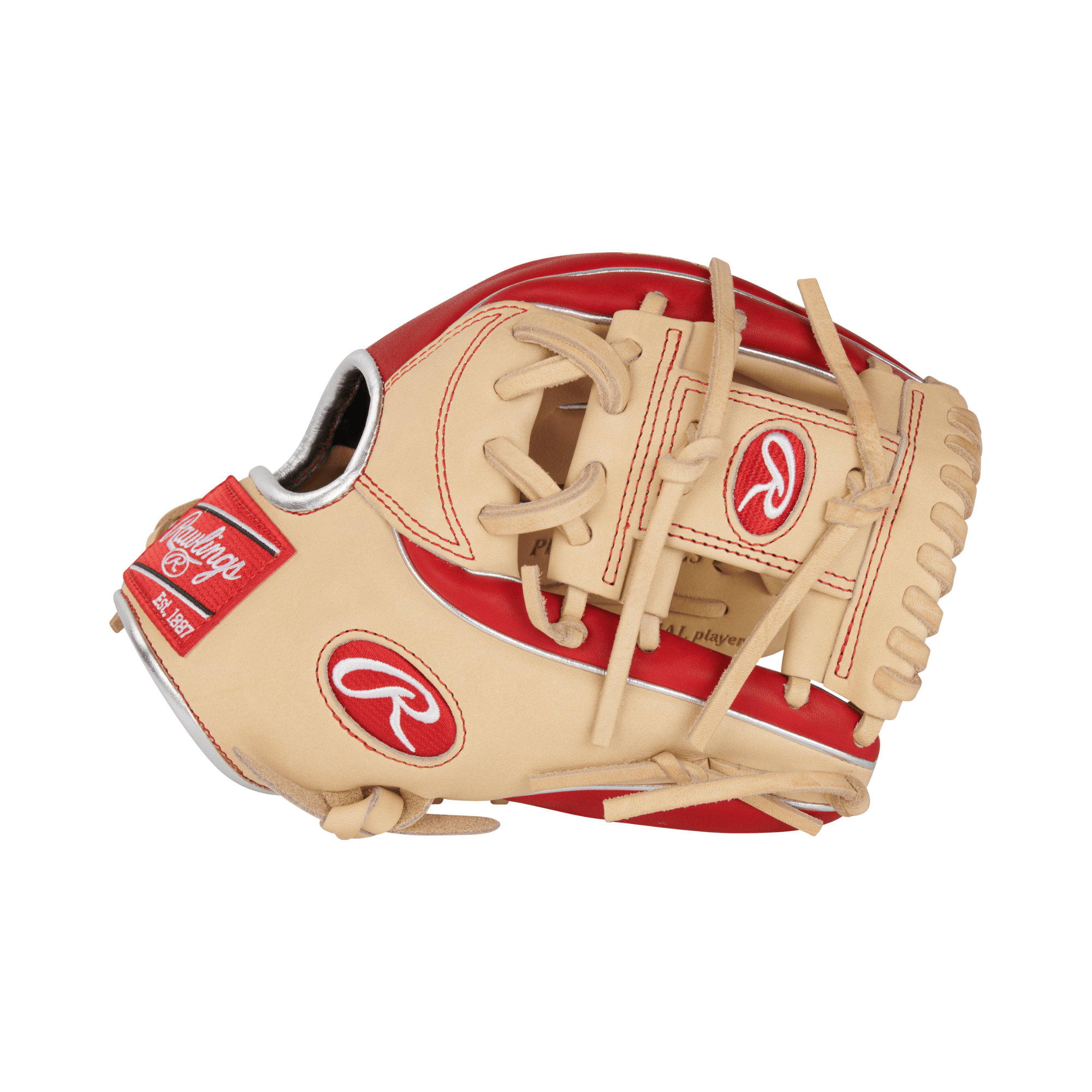 Rawlings R2G Heart of the Hide 11.5" infield baseball glove in camel and scarlet color.