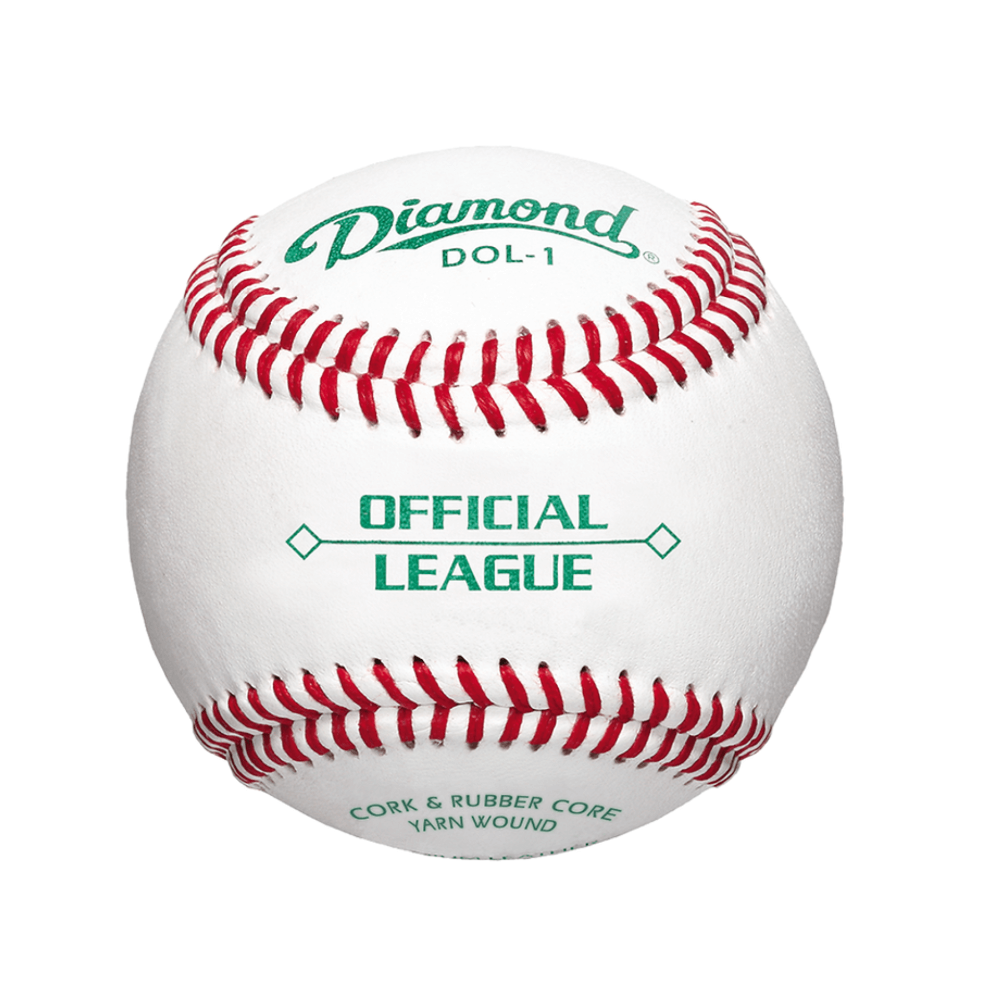 Diamond DOL-1 baseball with cork and rubber core, yarn wound, official league, full-grain leather cover.