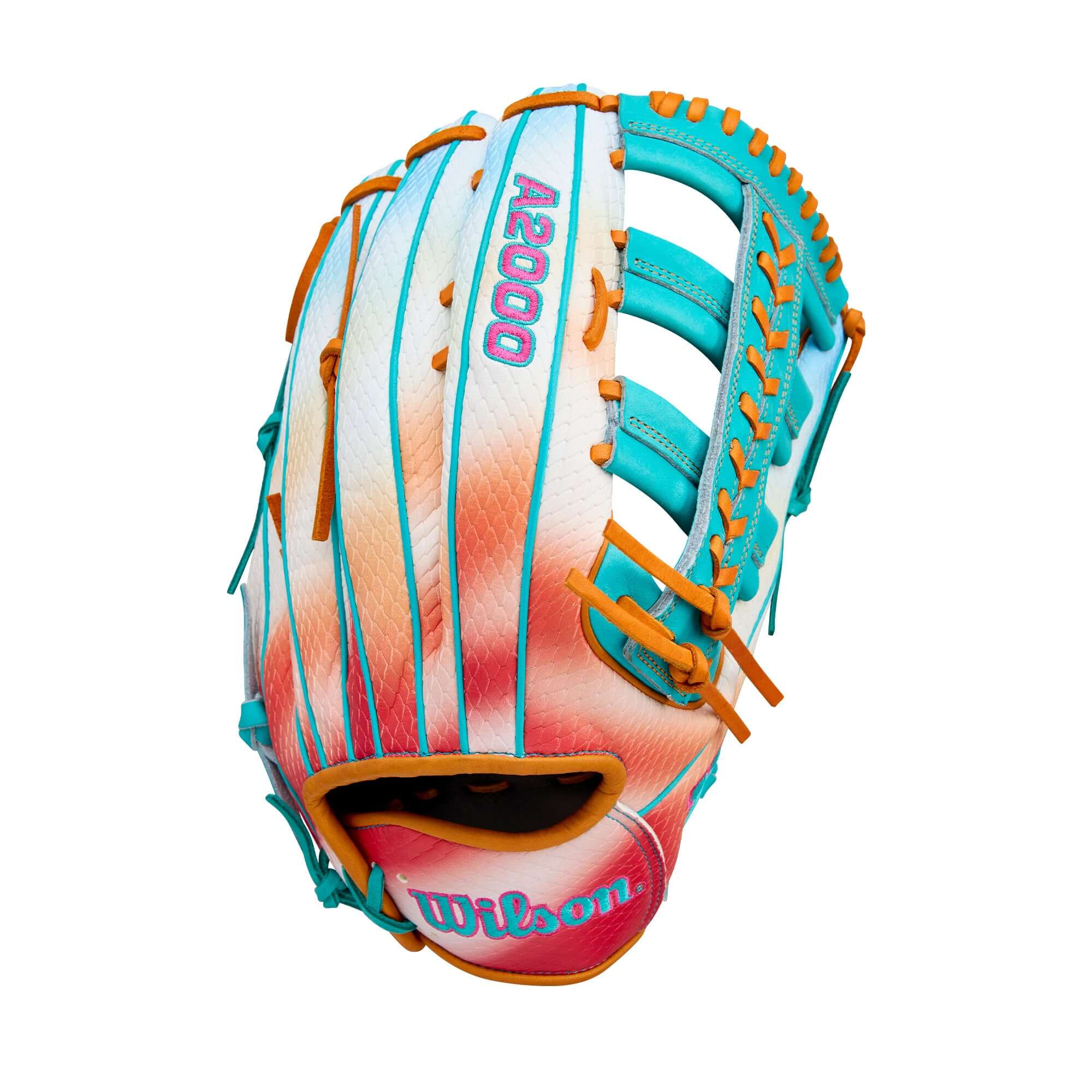 Wilson 2025 Northern Lights A2000 1810 12.75" Outfield Baseball Glove in vibrant teal and orange colors.