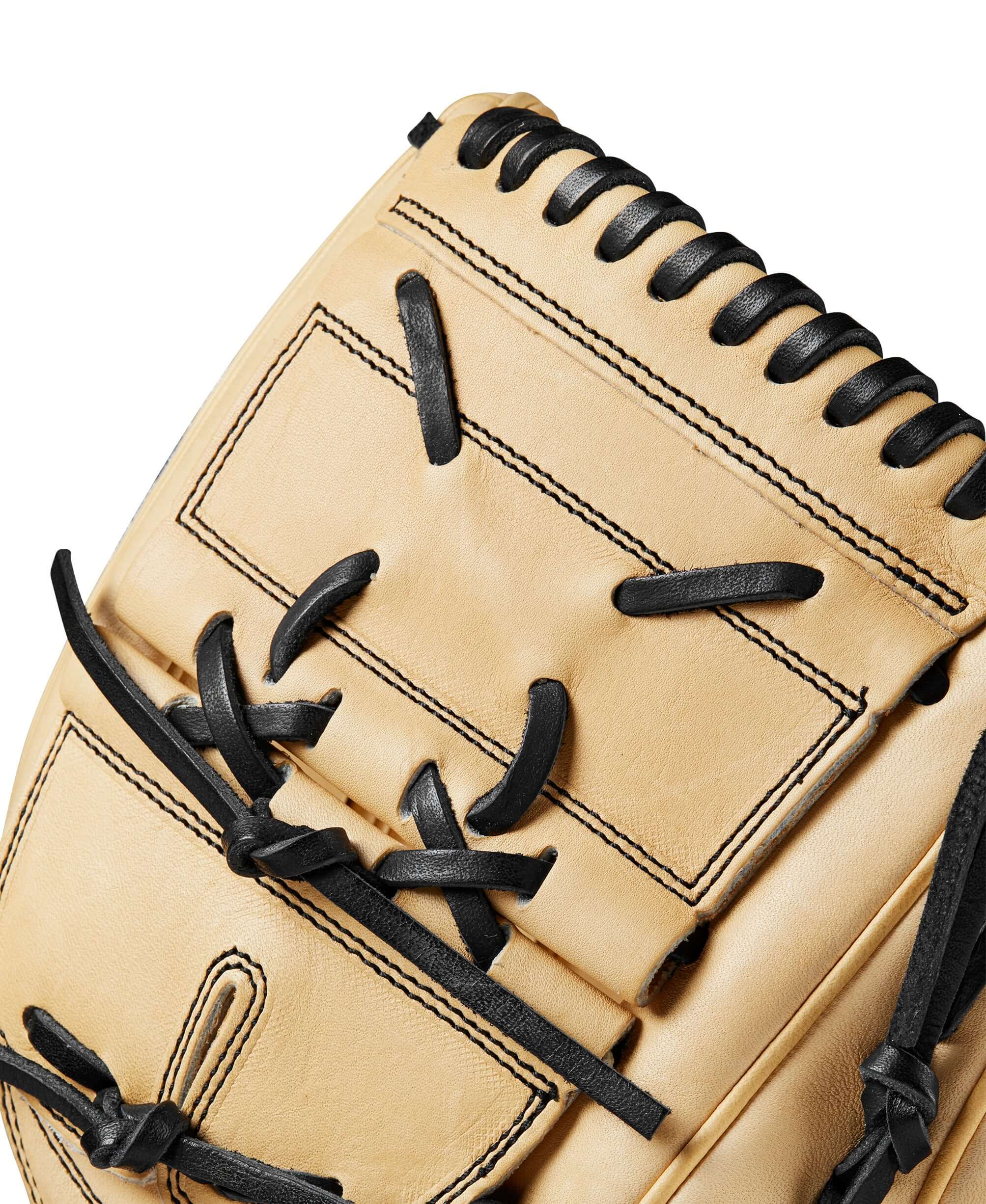 Close-up of Wilson A2000 B2 Blonde/Black pitcher's glove showcasing leather details and stitching.