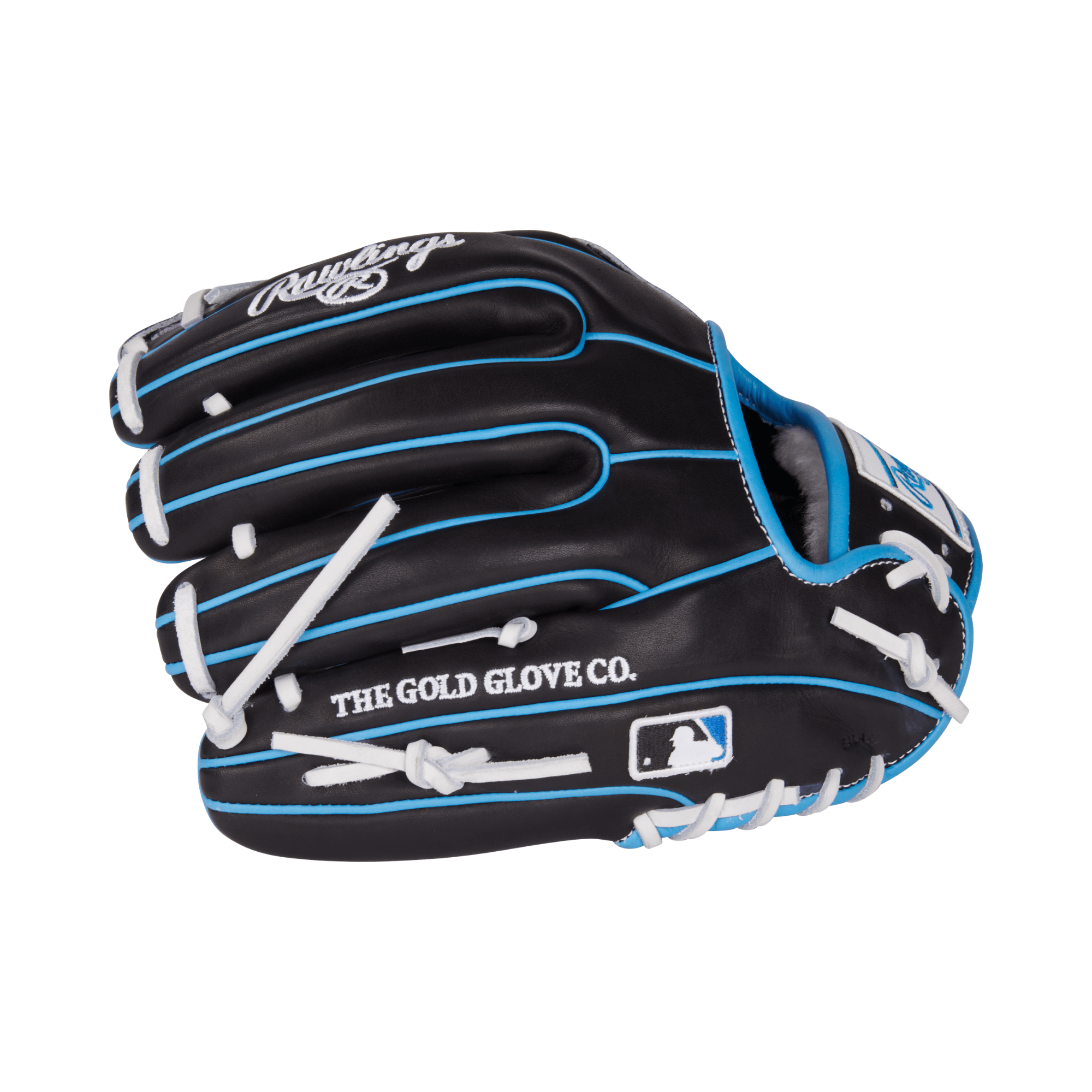 Rawlings Pro Preferred 12.5-inch RHT infield glove with black and blue design, crafted from premium kip leather.