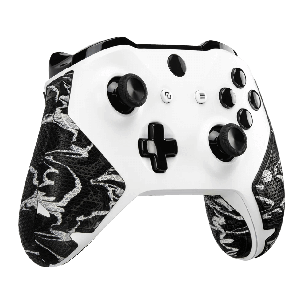 Lizard Skins DSP Controller Grip in black camo on an Xbox One controller, offering a multi-textured, slip-resistant grip.