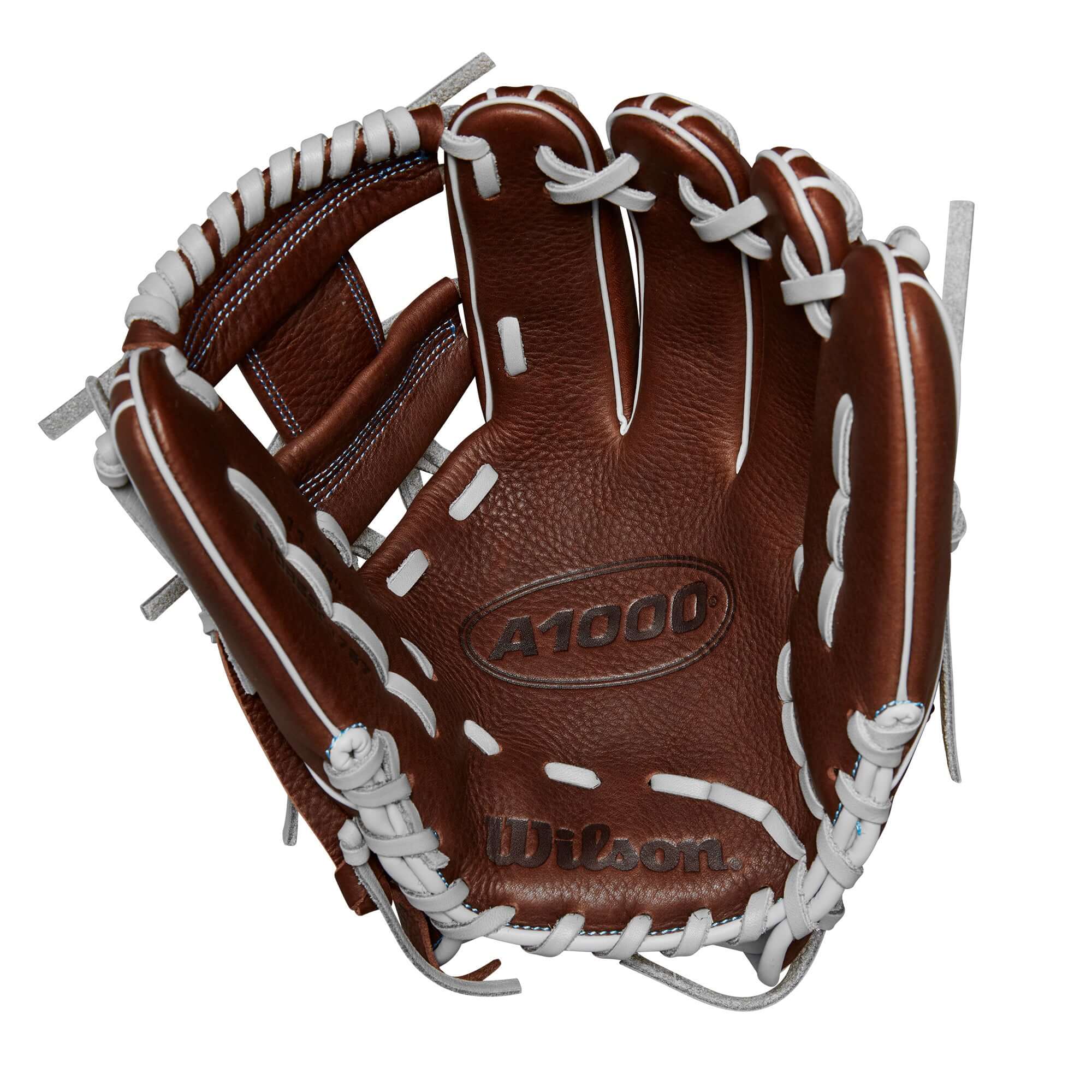 Wilson A1000 1787 infield baseball glove in dark brown with white lace, designed for young travel ball players.