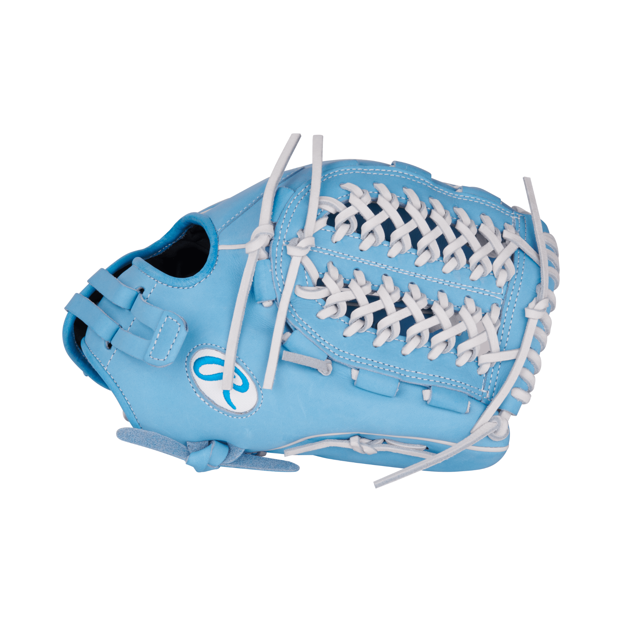 Rawlings Heart of the Hide Series Softball Glove in Columbia Blue, 12.5 inches, showcasing durable leather and intricate lacing.