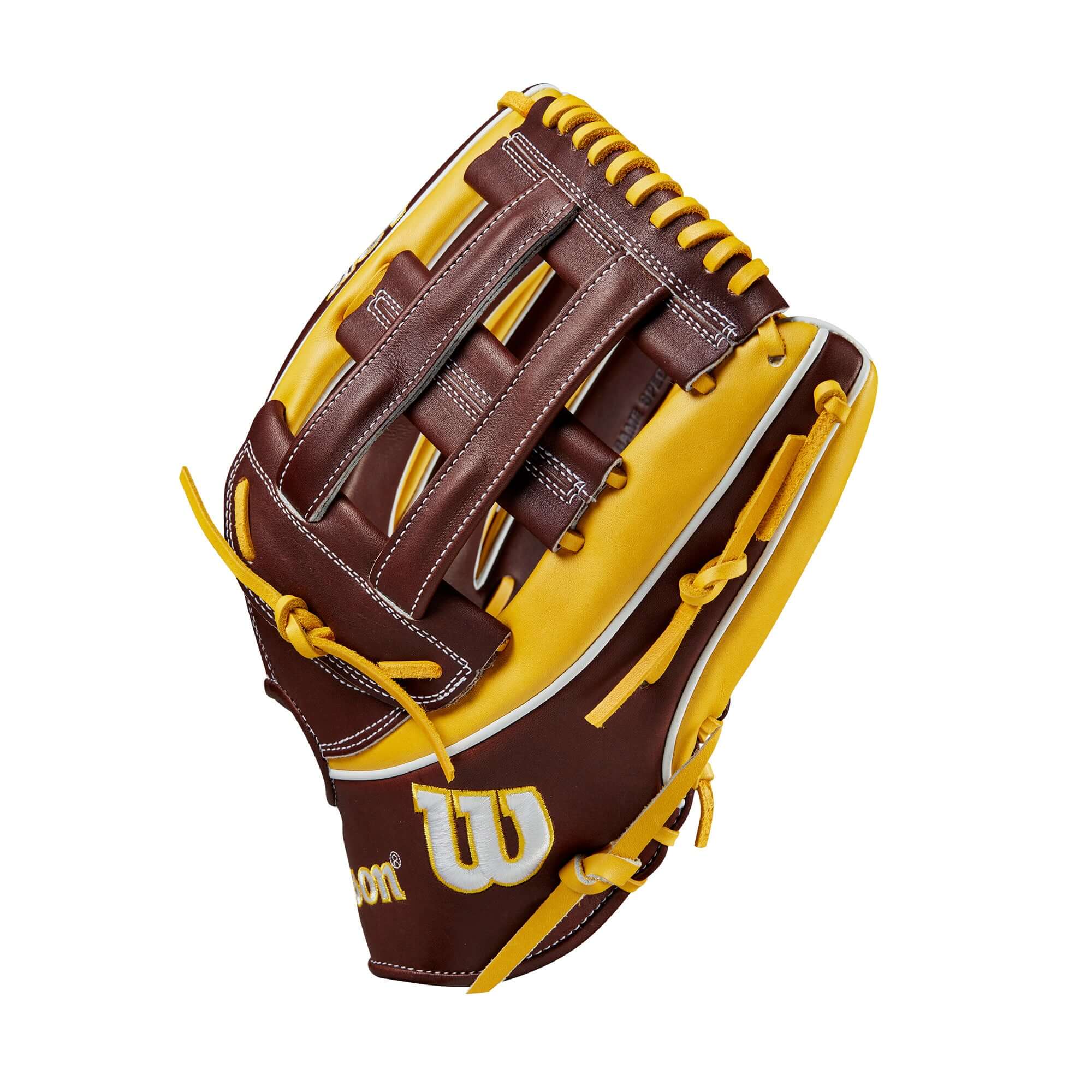 Wilson 2024 A2K Juan Soto Game Model LHT 12.75" outfield glove in dark brown and yellow gold leather.
